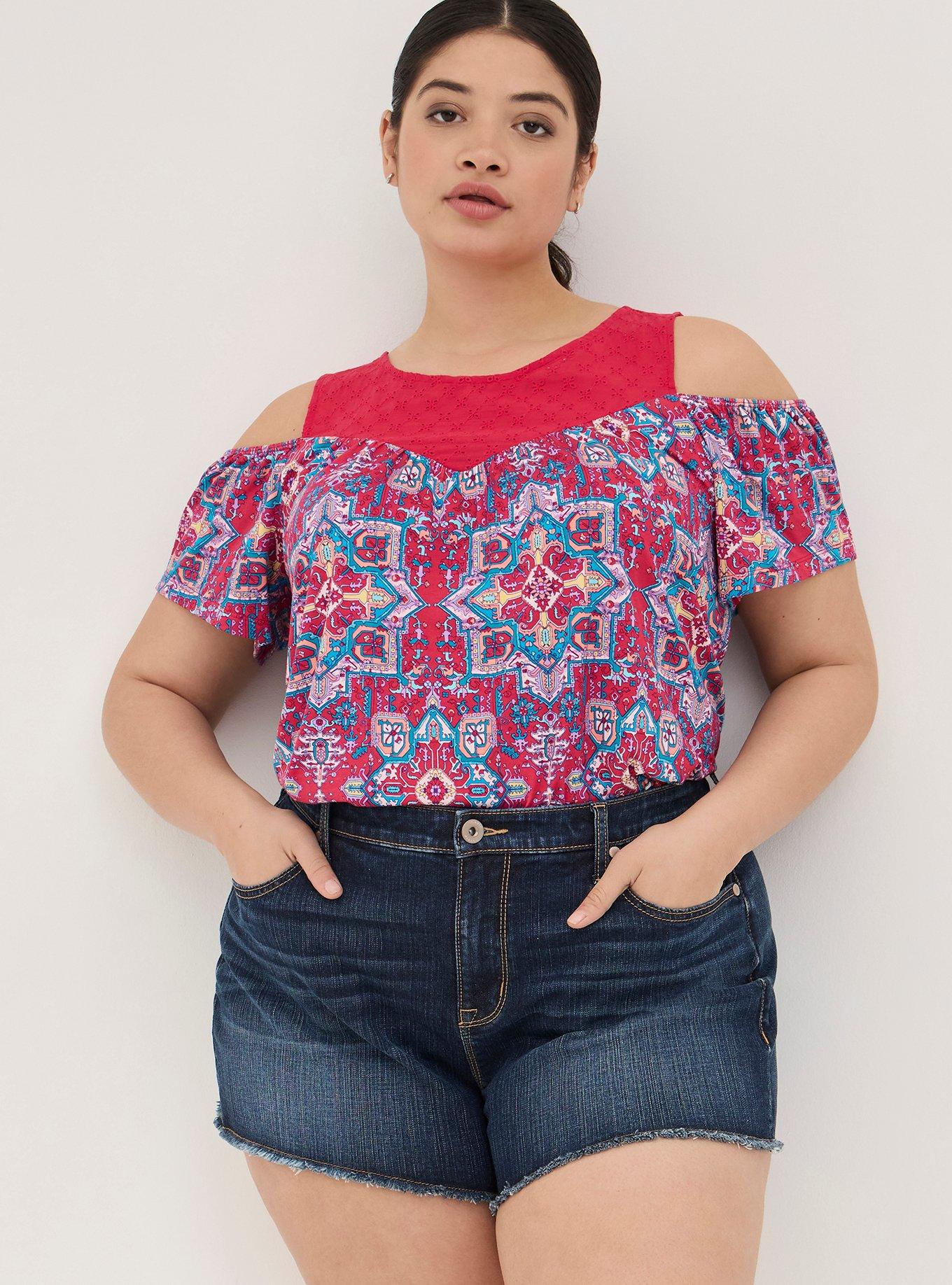 Super Soft Crew Neck Eyelet Yoke Cold Shoulder Top, OTHER PRINTS, alternate