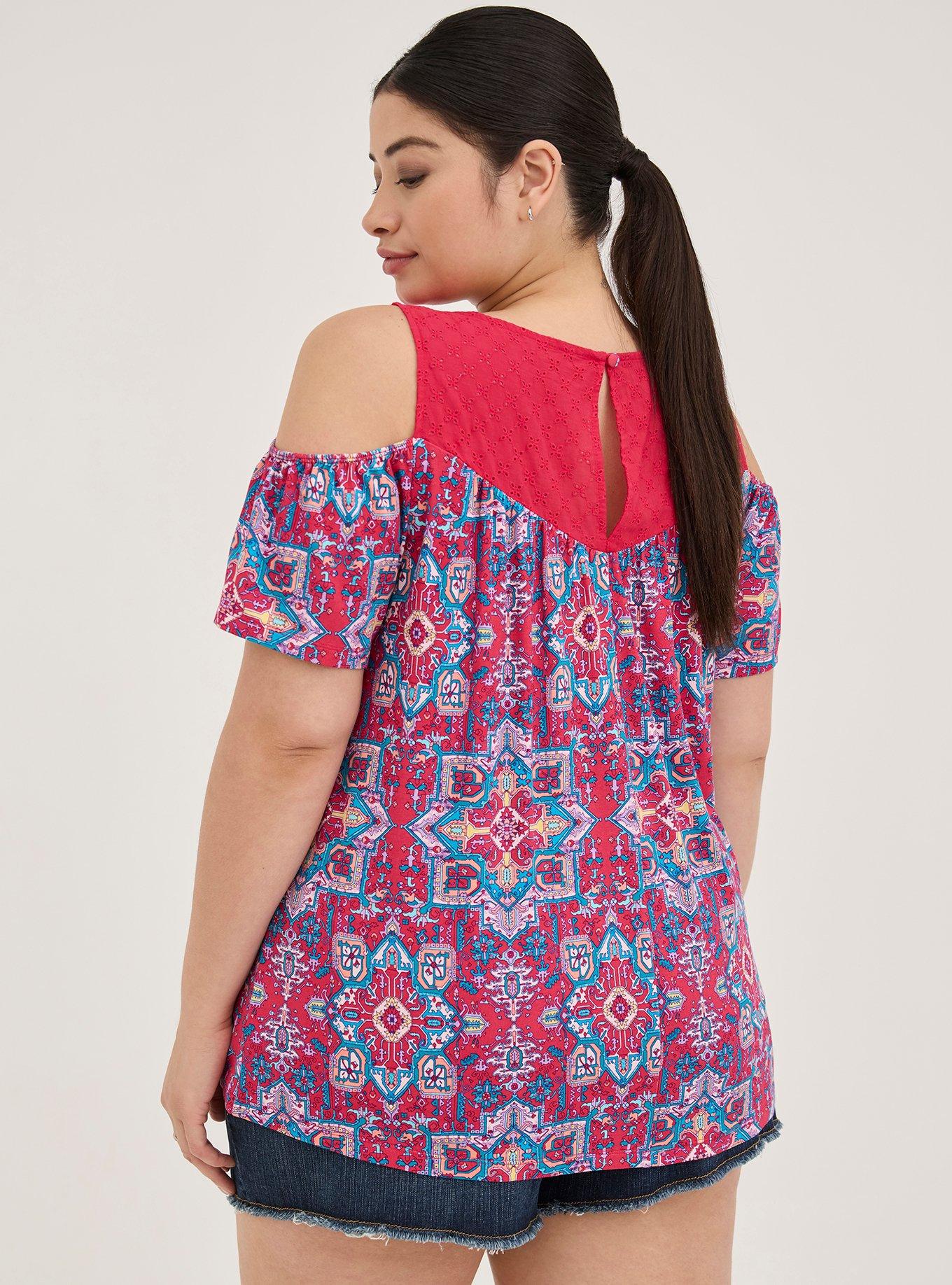 Super Soft Crew Neck Eyelet Yoke Cold Shoulder Top, OTHER PRINTS, alternate