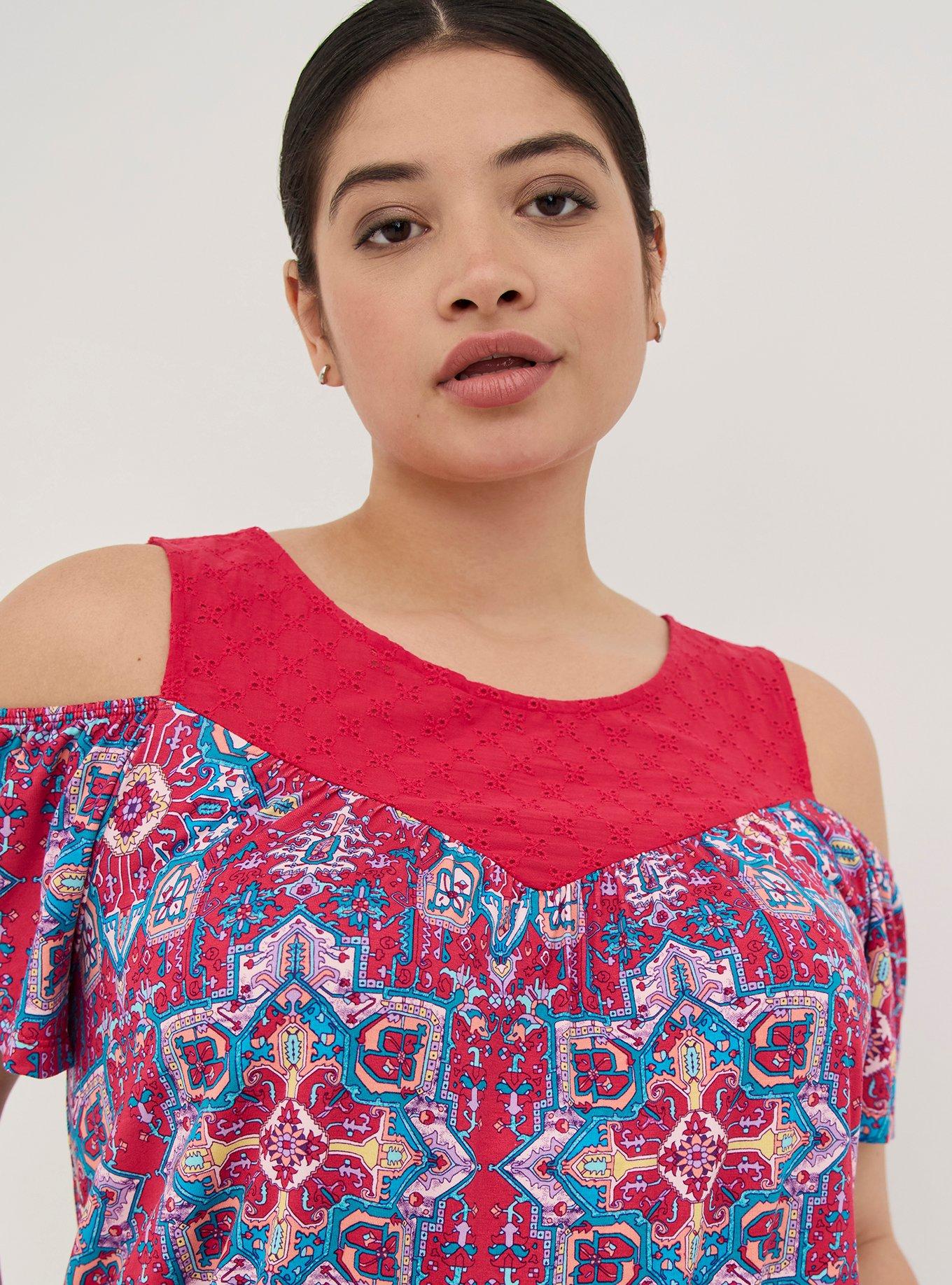 Super Soft Crew Neck Eyelet Yoke Cold Shoulder Top, OTHER PRINTS, alternate