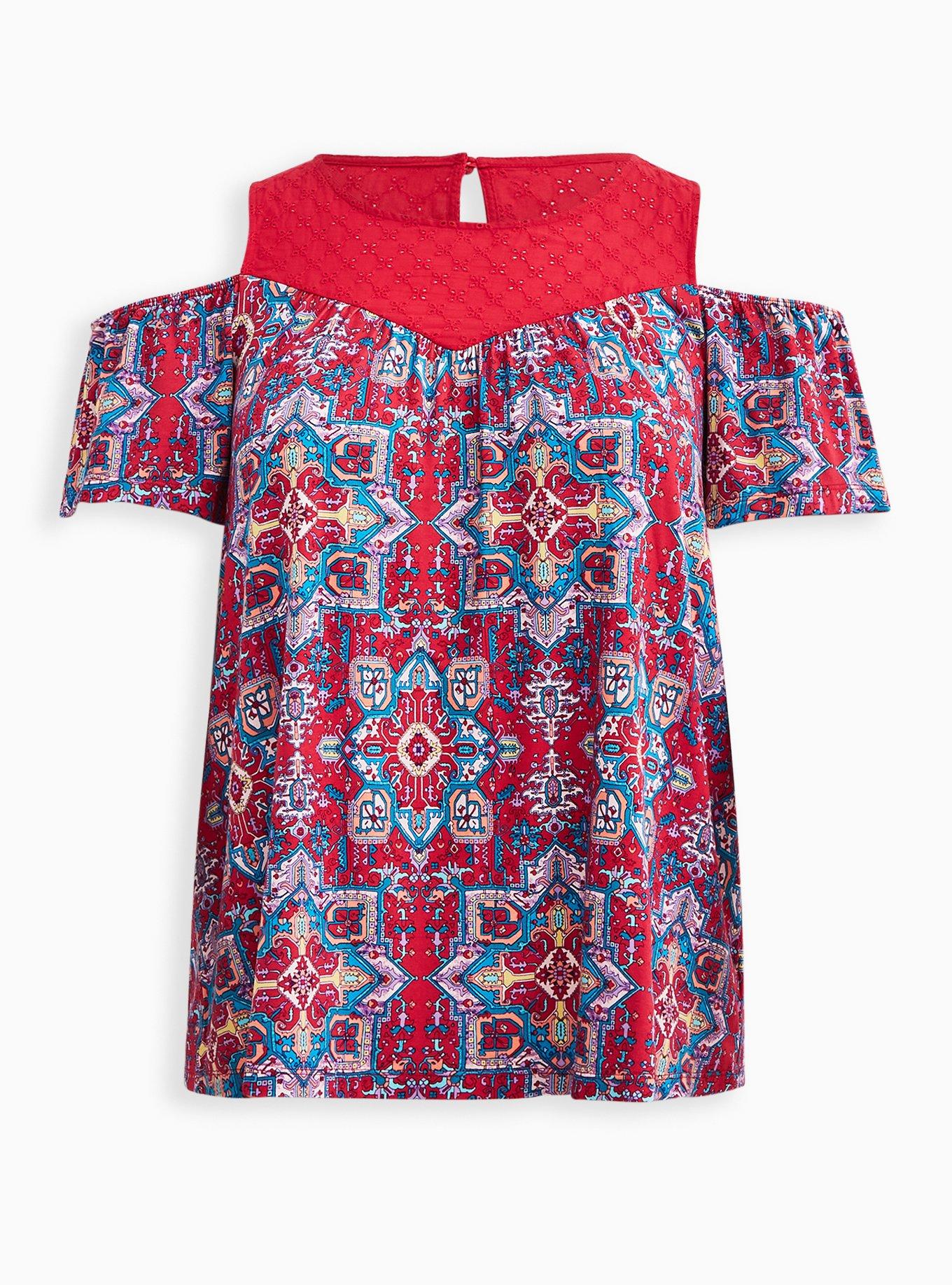 Super Soft Crew Neck Eyelet Yoke Cold Shoulder Top, OTHER PRINTS, hi-res