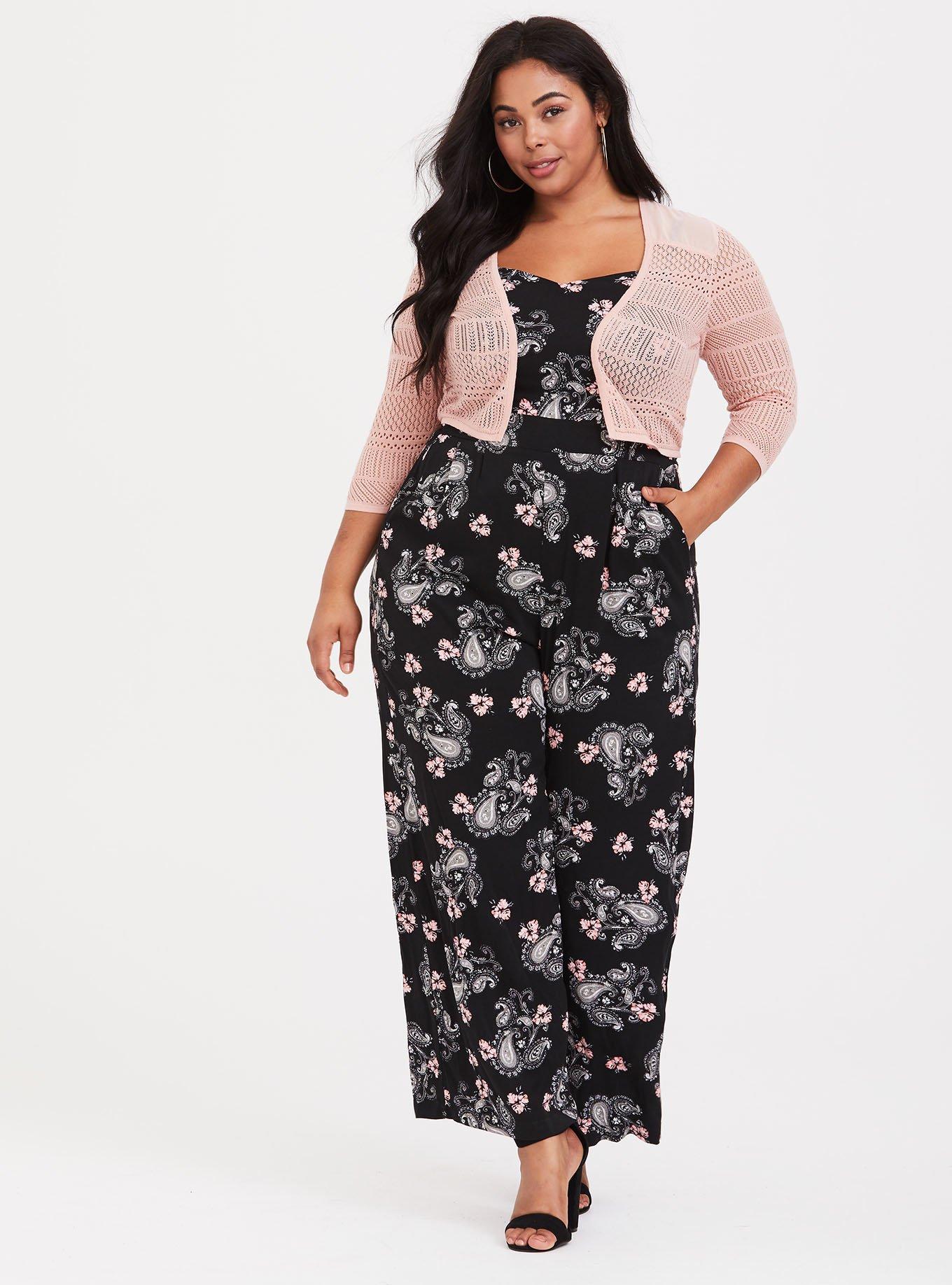 Plus Size Pointelle Shrug 3/4 Sleeve Open Front Sweater, PINK, alternate