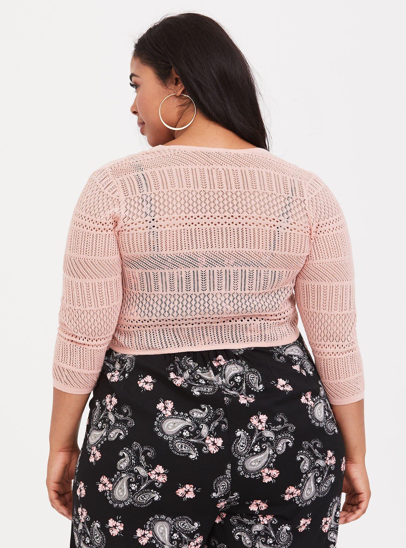 Plus Size Pointelle Shrug 3/4 Sleeve Open Front Sweater, PINK, alternate