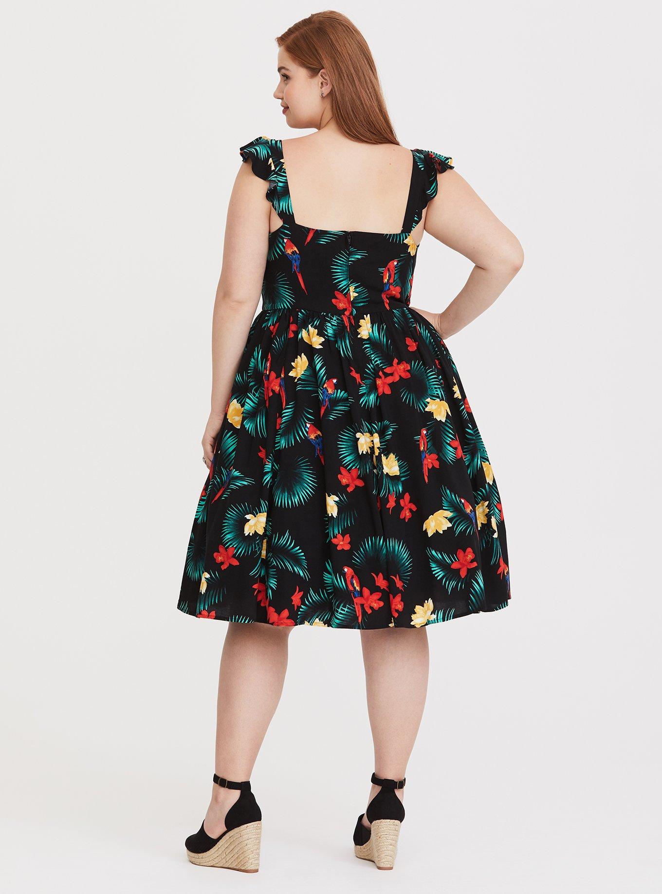 Retro Chic Black Tropical Midi Skater Dress, PARROT TALK, alternate