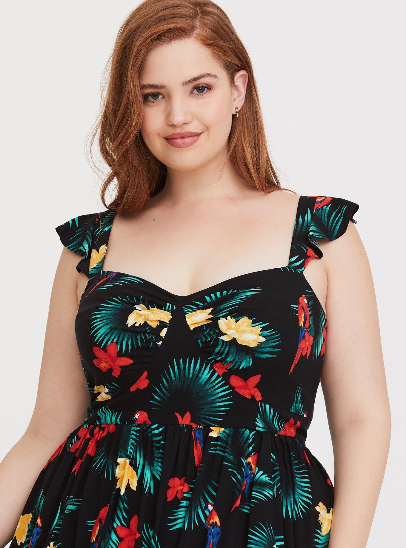 Plus Size - Retro Chic Black Tropical Midi Skater Dress - Torrid