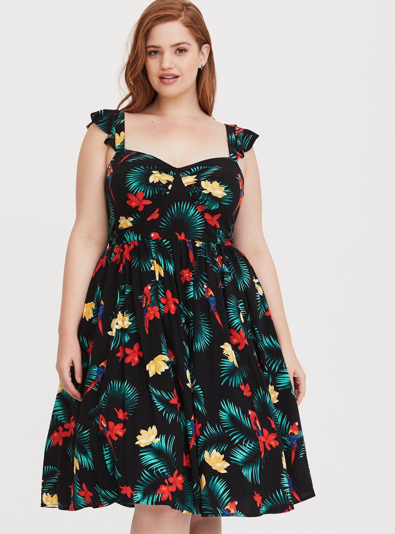 Retro Chic Black Tropical Midi Skater Dress, , hi-res