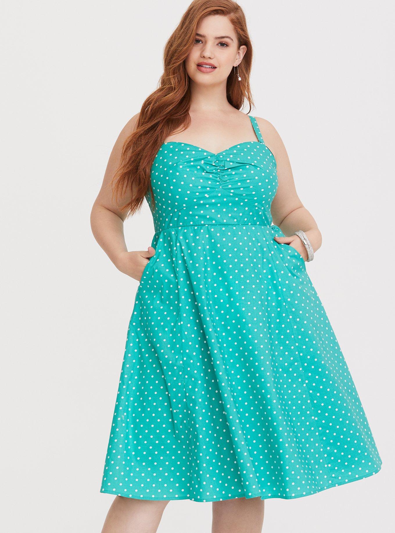 Plus Size Retro Chic Mint Dotted Skater Dress Torrid