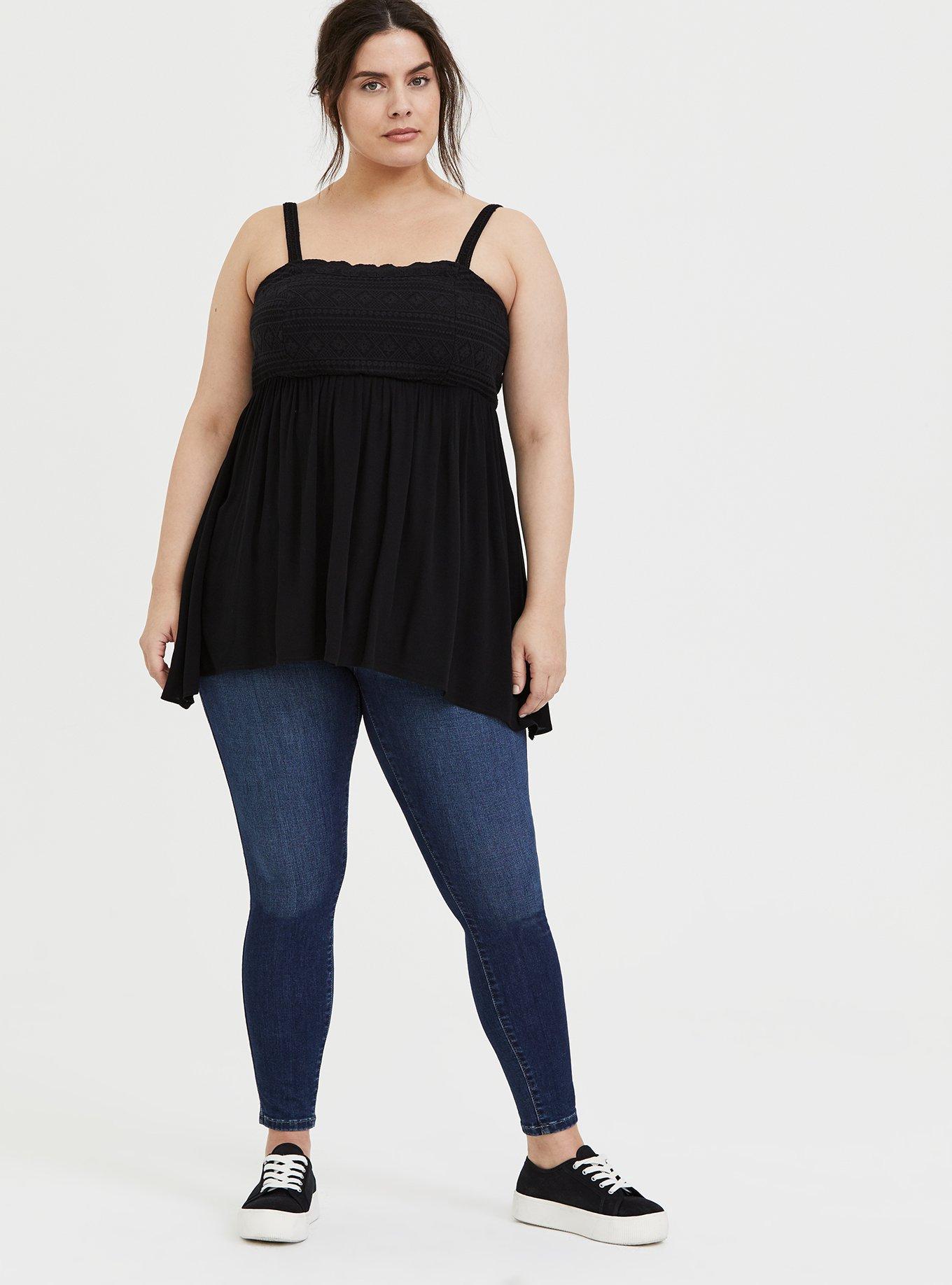 Plus Size Crepe Embroidered Sharkbite Hem Cami, DEEP BLACK, alternate