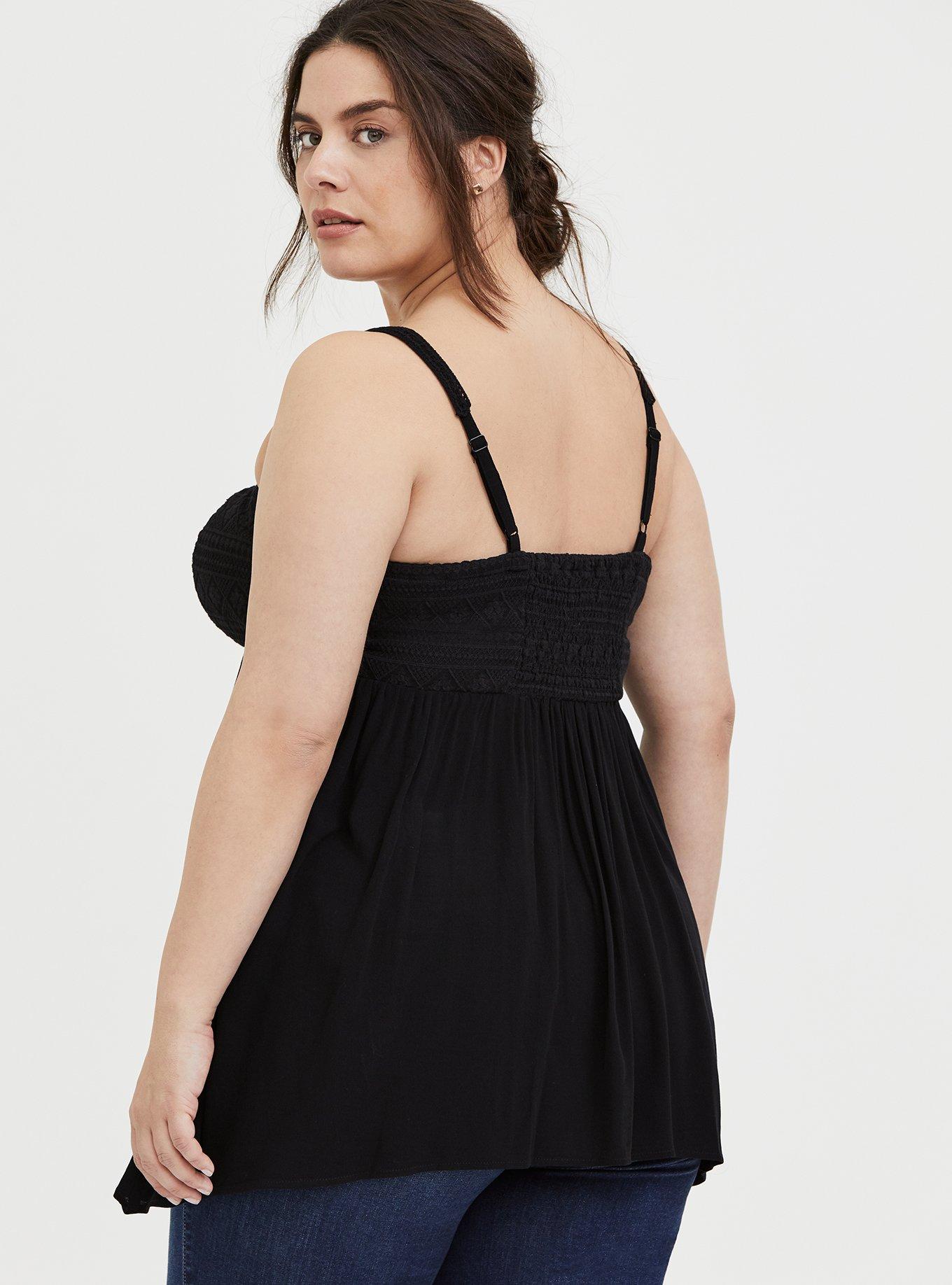 Plus Size Crepe Embroidered Sharkbite Hem Cami, DEEP BLACK, alternate