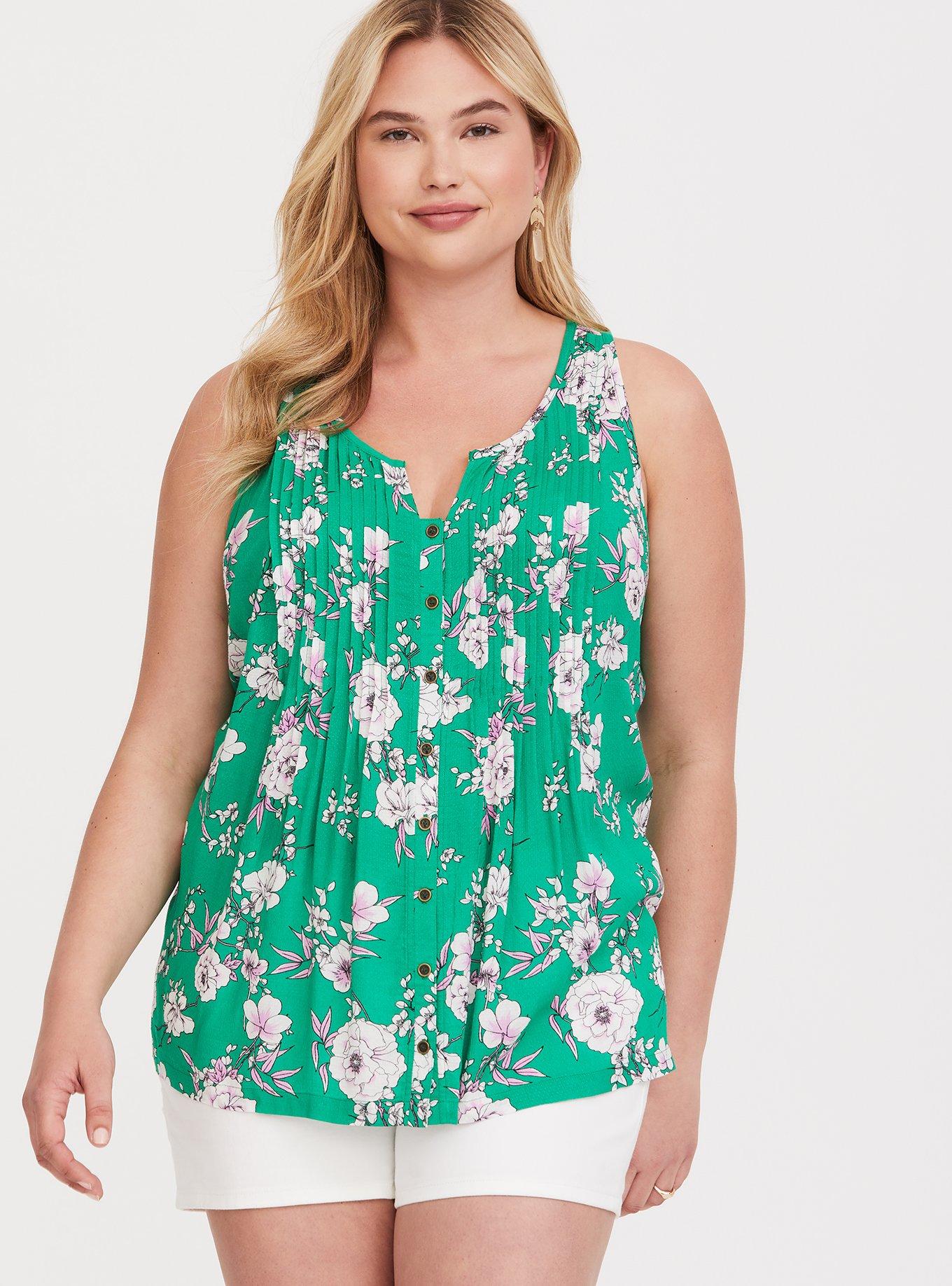 Green Floral Pintuck Pleat Tank, GREEN FLORAL, alternate