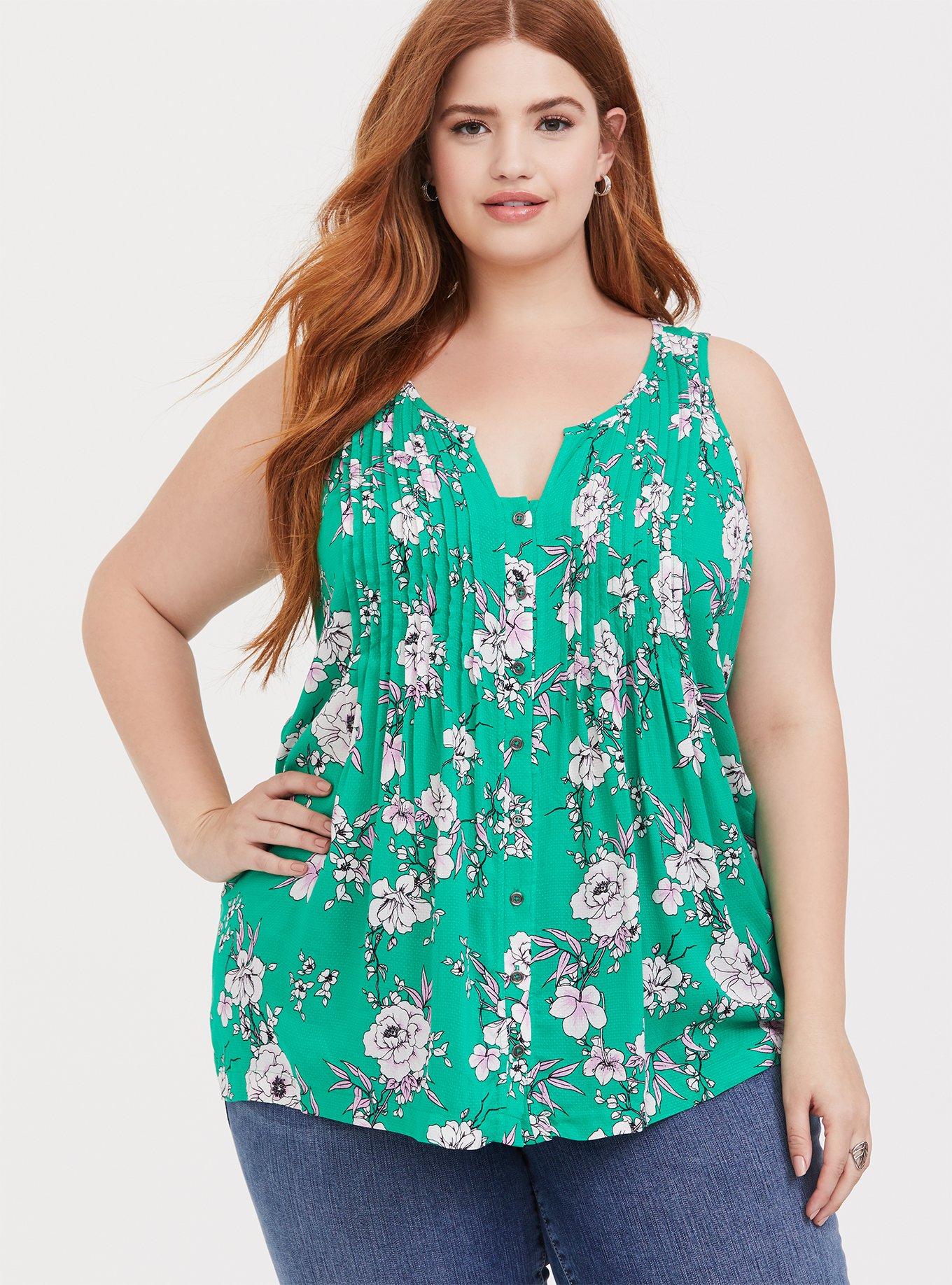 Green Floral Pintuck Pleat Tank, GREEN FLORAL, hi-res