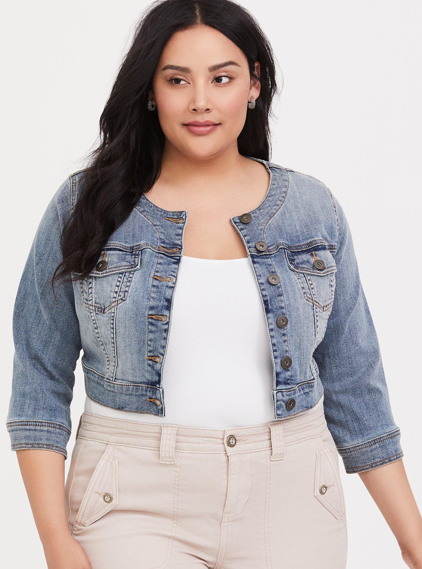 Plus Size - Collarless Crop Denim Jacket - Light Wash - Torrid