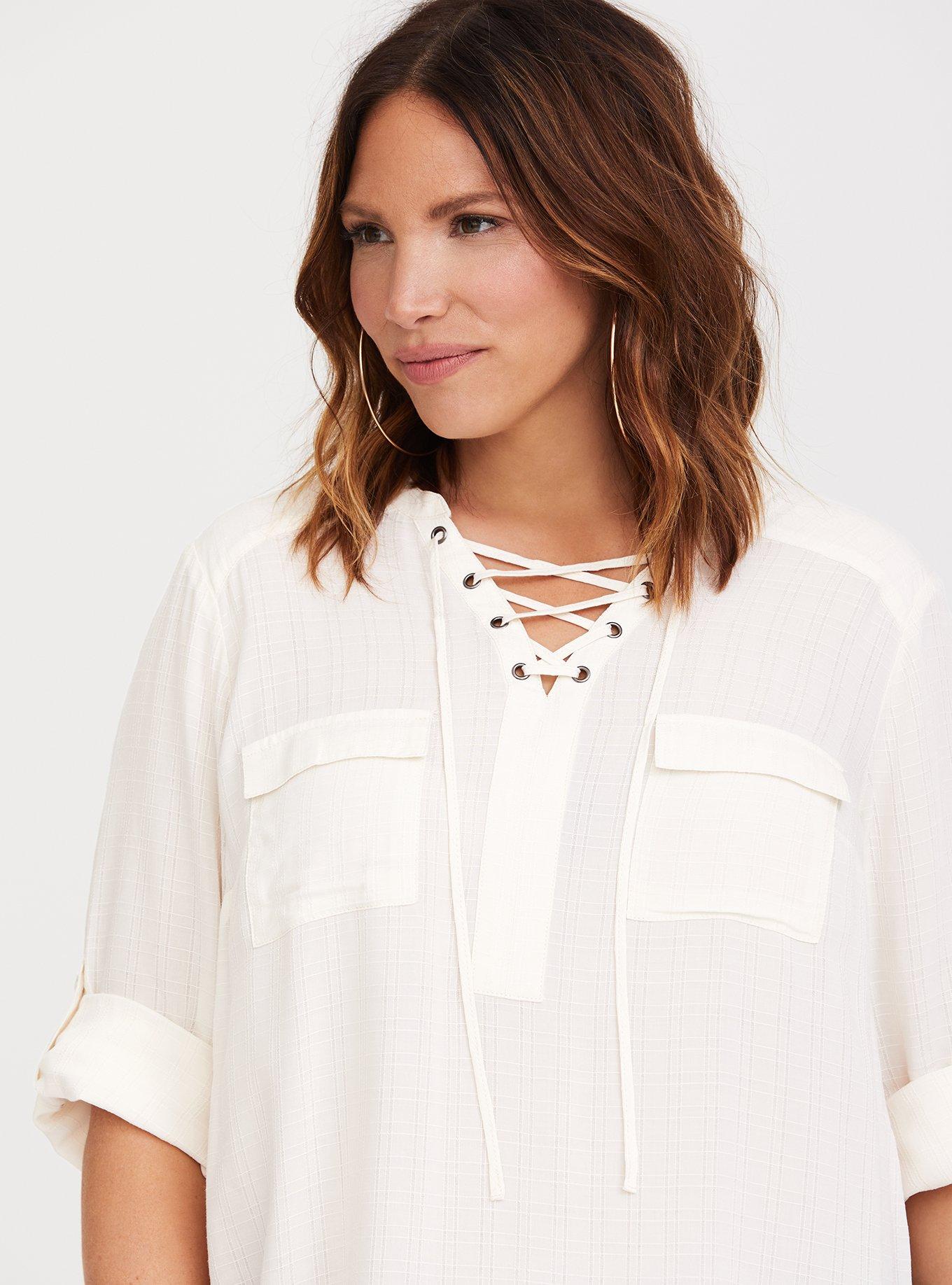 Harper - Ivory Lace-Up Pullover Blouse, WHITE, alternate
