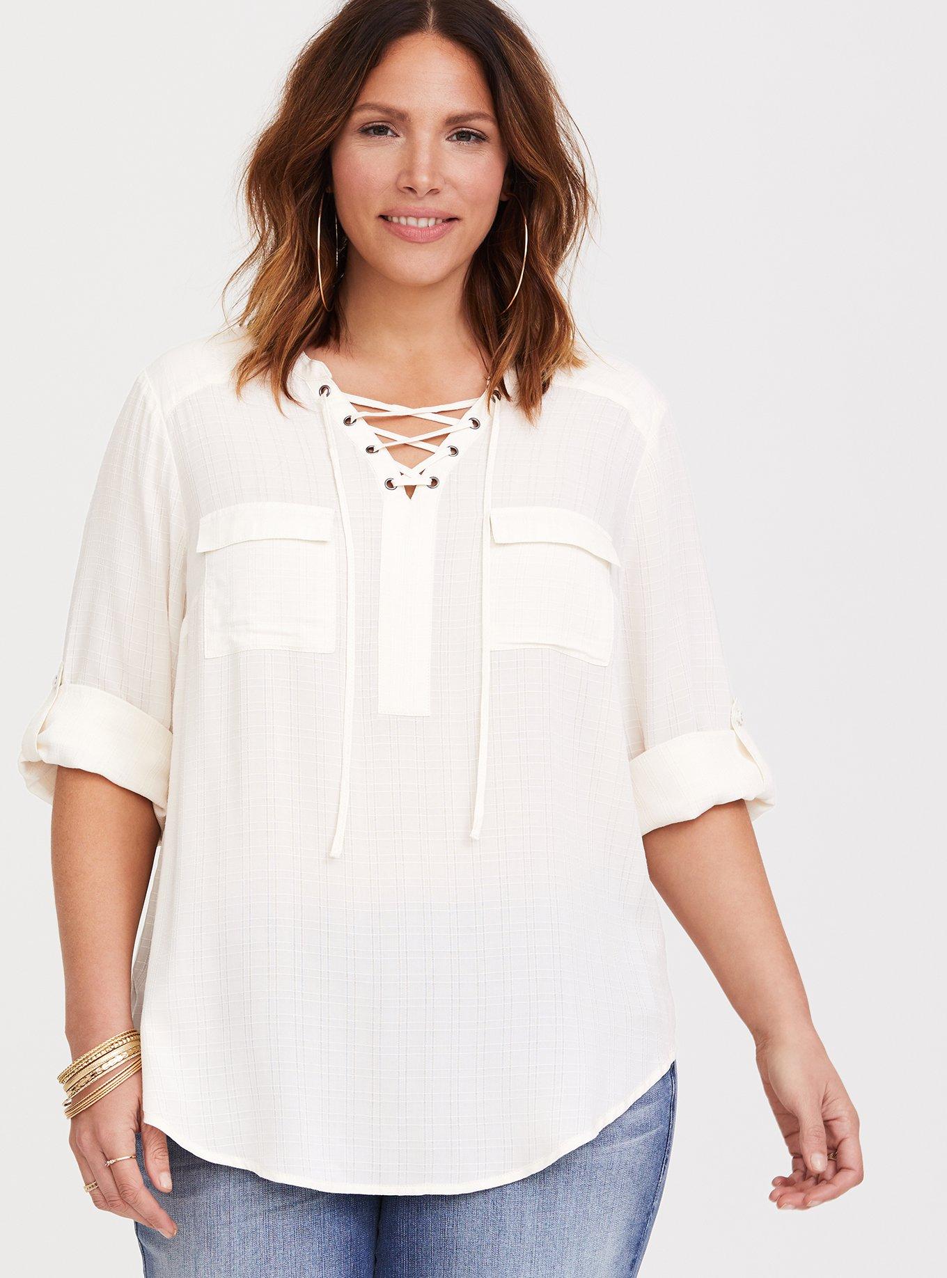 Harper - Ivory Lace-Up Pullover Blouse, WHITE, hi-res