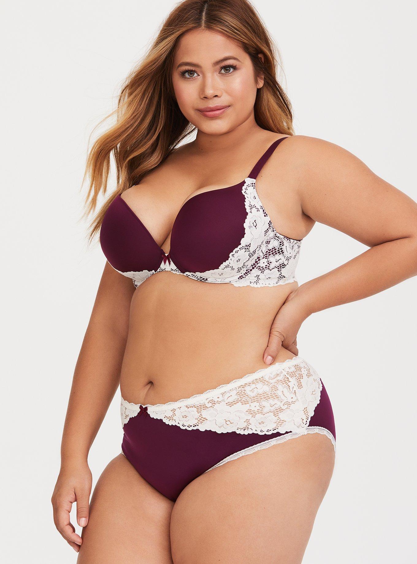 Merlot Microfiber & Lace Push-Up Plunge Bra, DEEP MERLOT, alternate