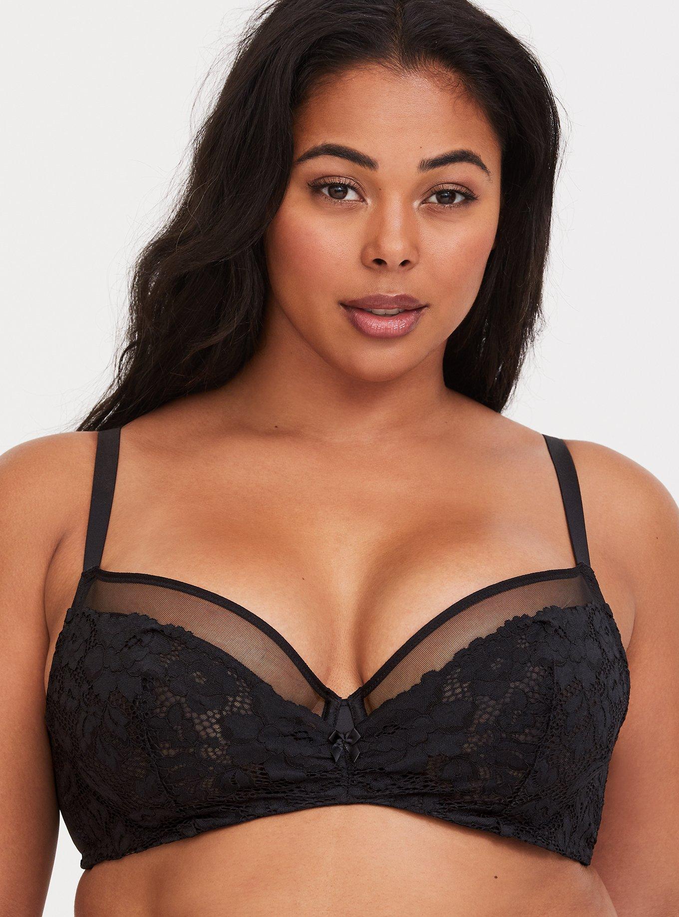 Plus Size Black Lace & Mesh Unlined Demi Bra, BLACK, hi-res