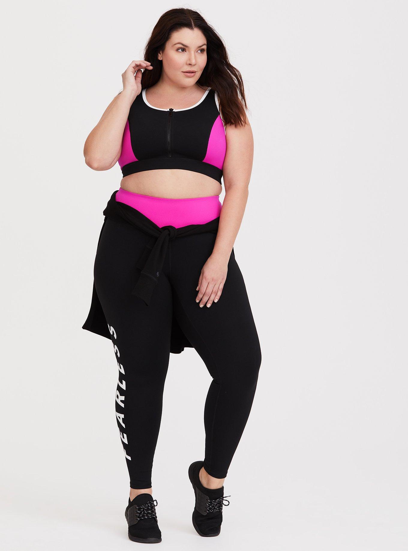 Plus Size Black & Pink Front Zip Sports Bra, PINK GLO, alternate
