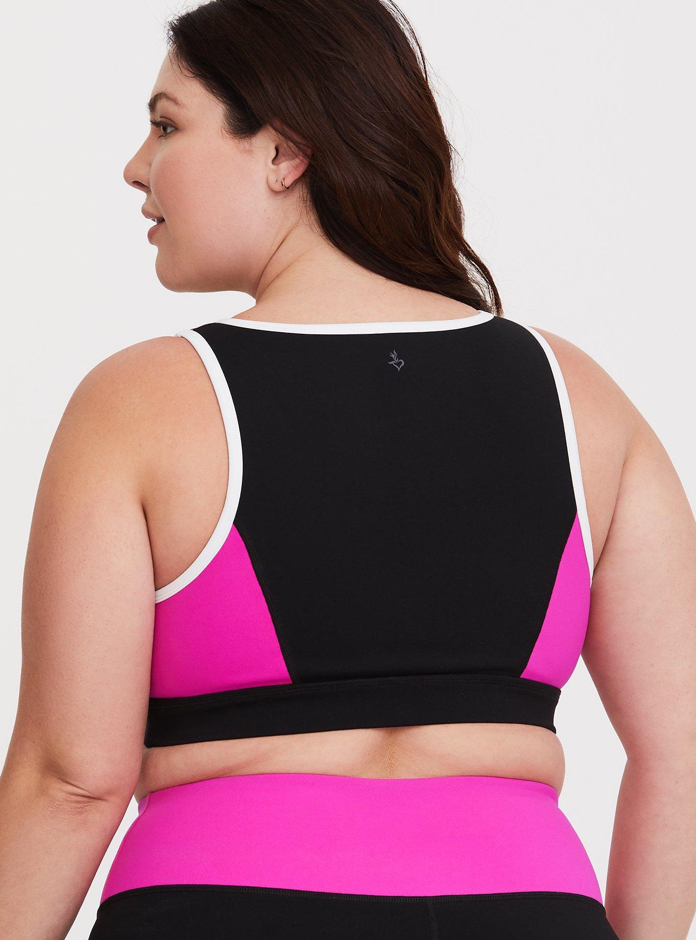 Plus Size Black & Pink Front Zip Sports Bra, PINK GLO, alternate