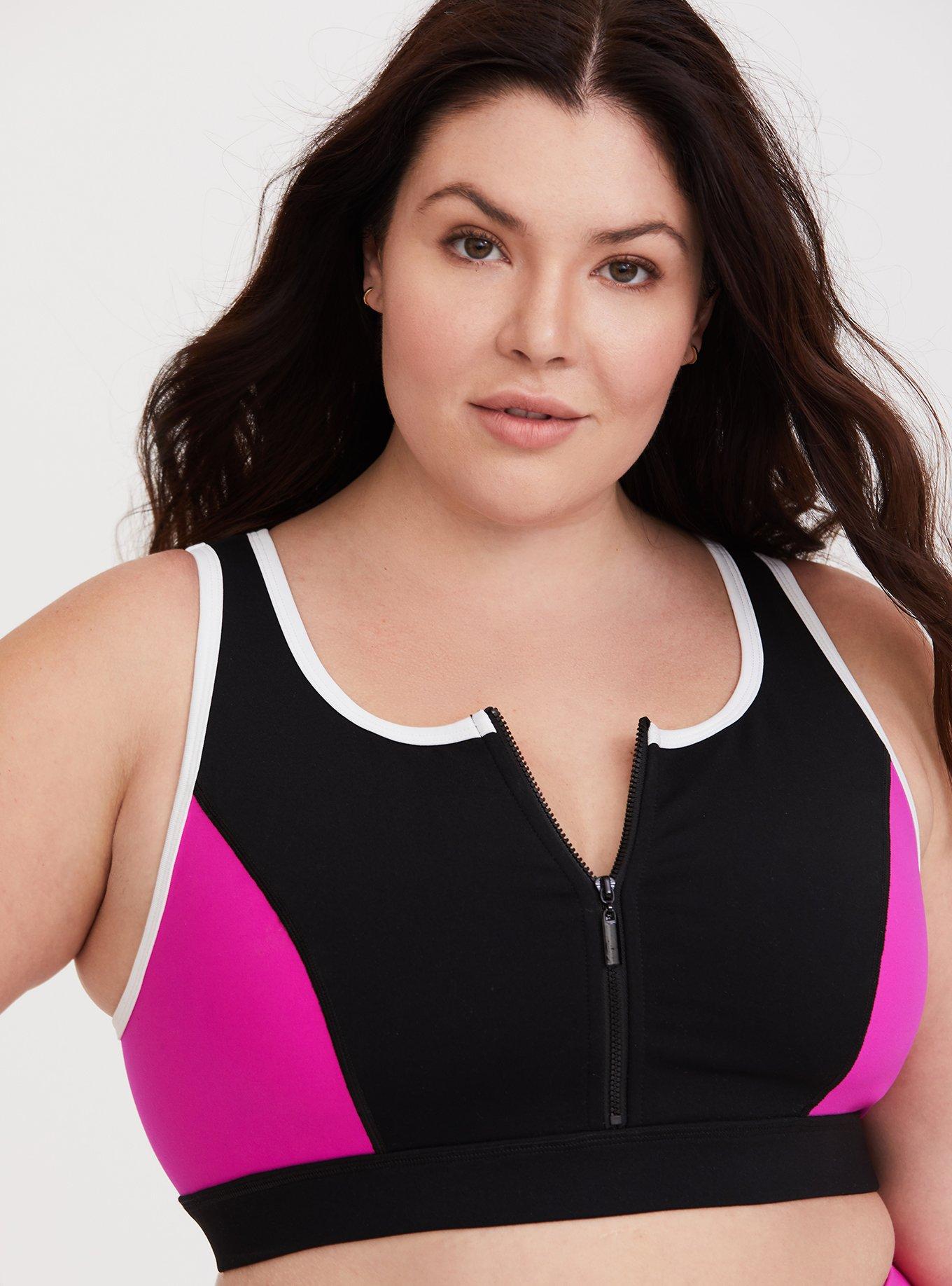 Plus Size Black & Pink Front Zip Sports Bra, PINK GLO, alternate
