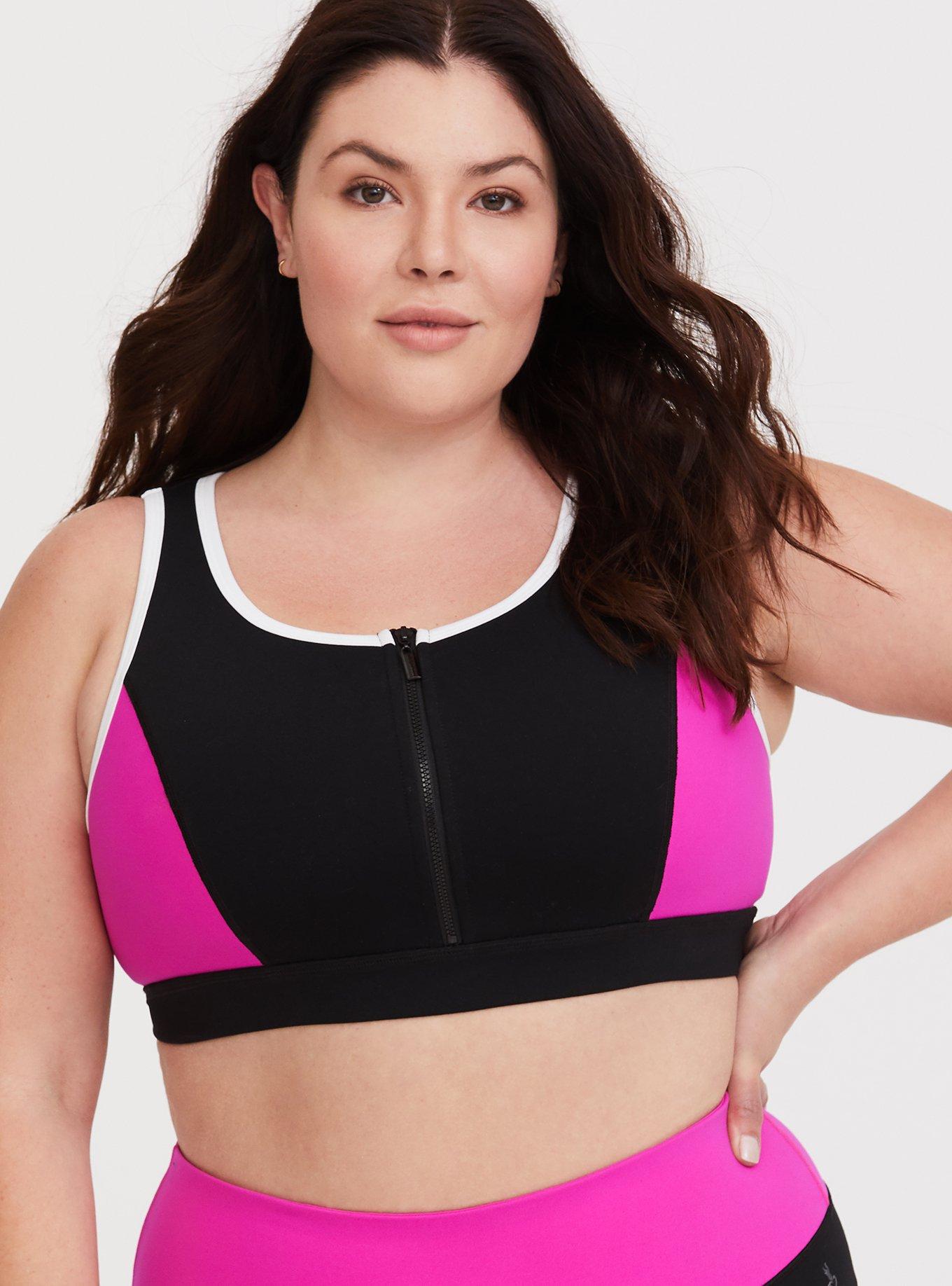 Plus Size - Black & Pink Front Zip Sports Bra - Torrid