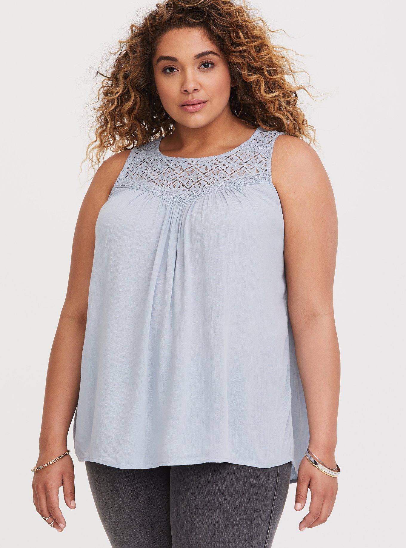 Plus Size Gauze Lace Yoke Swing Tank, NONEC, hi-res