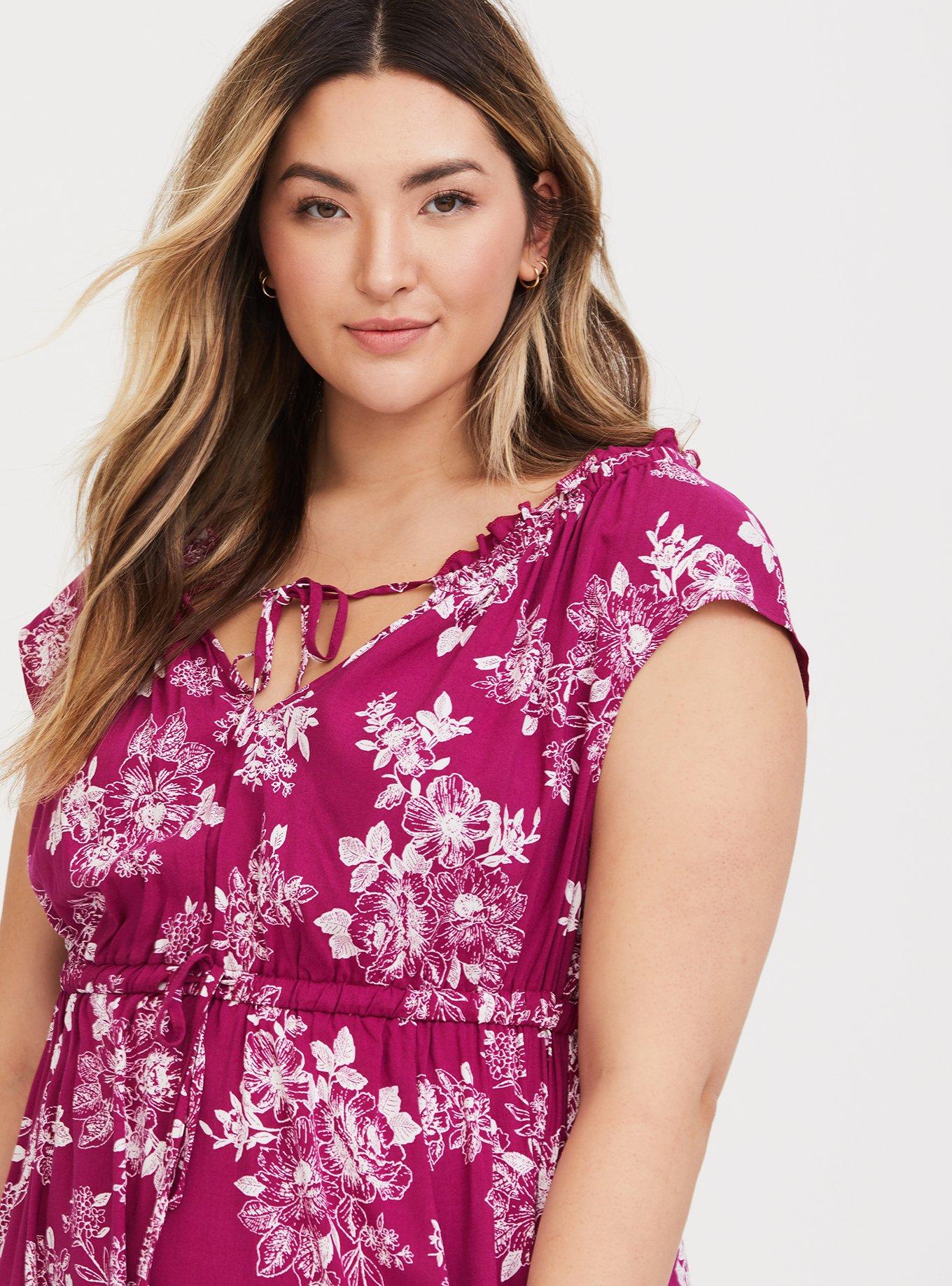 Plus Size Berry Floral Challis Slit Maxi Dress, STENCIL FLOWER, alternate