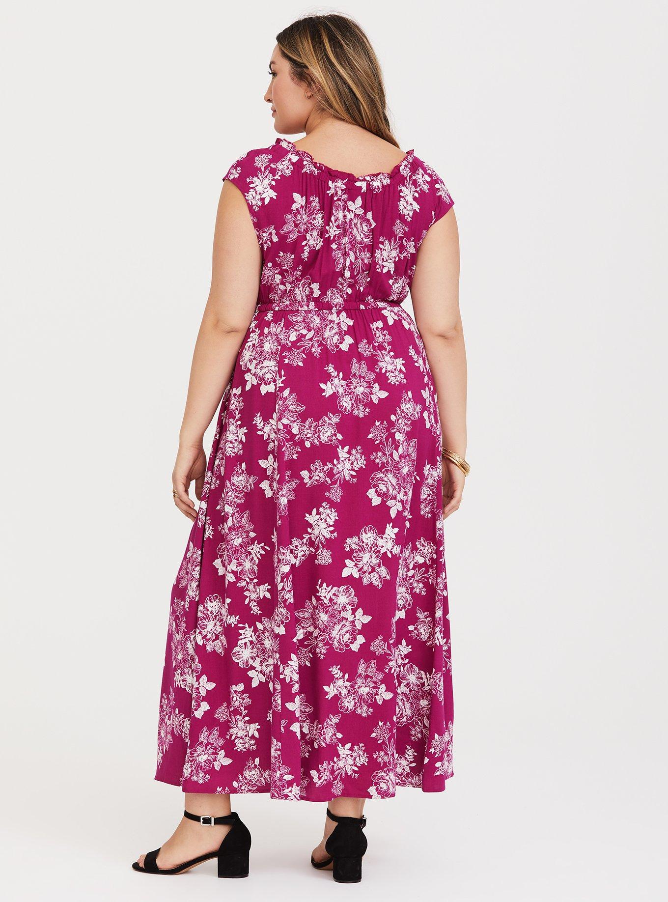 Plus Size Berry Floral Challis Slit Maxi Dress, STENCIL FLOWER, alternate