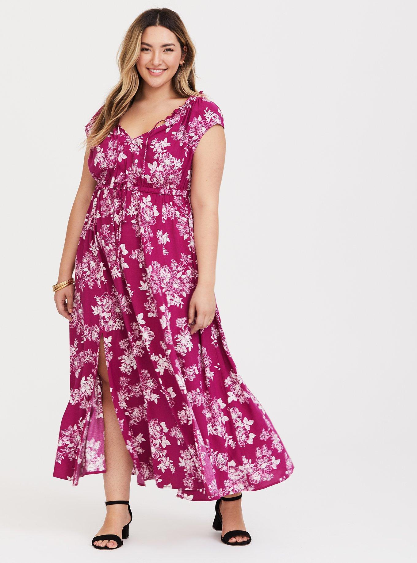 Plus Size Berry Floral Challis Slit Maxi Dress, STENCIL FLOWER, hi-res