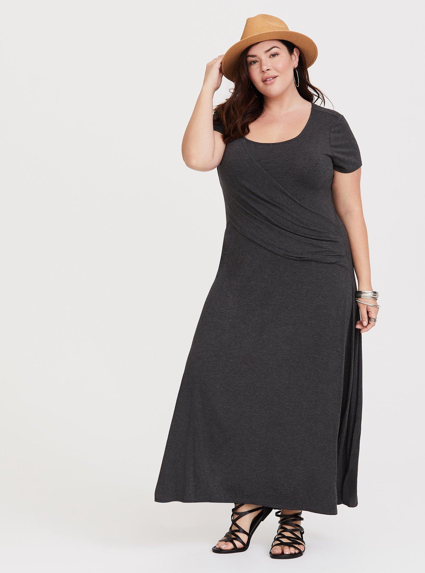 Plus Size Grey Pleated Jersey Maxi Dress, CHARCOAL HEATHER, alternate