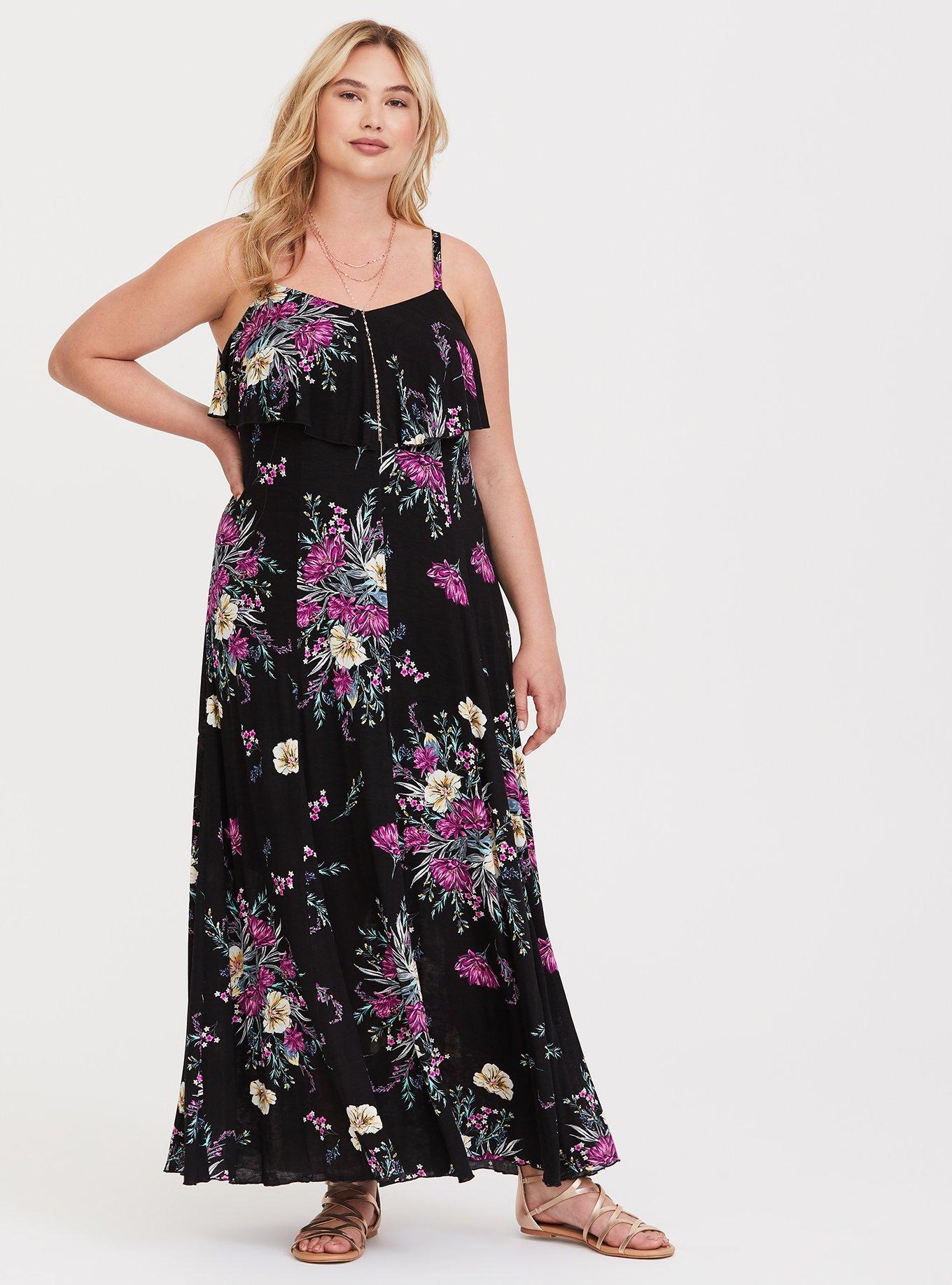 Plus Size - Black Floral Fluted Maxi Dress - Torrid