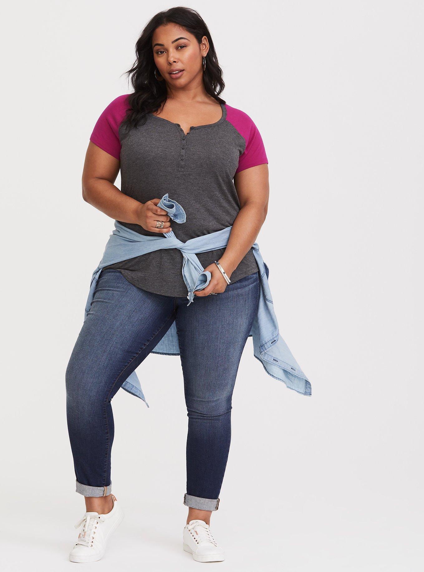 Plus Size - Grey & Pink Henley Raglan Tee - Torrid