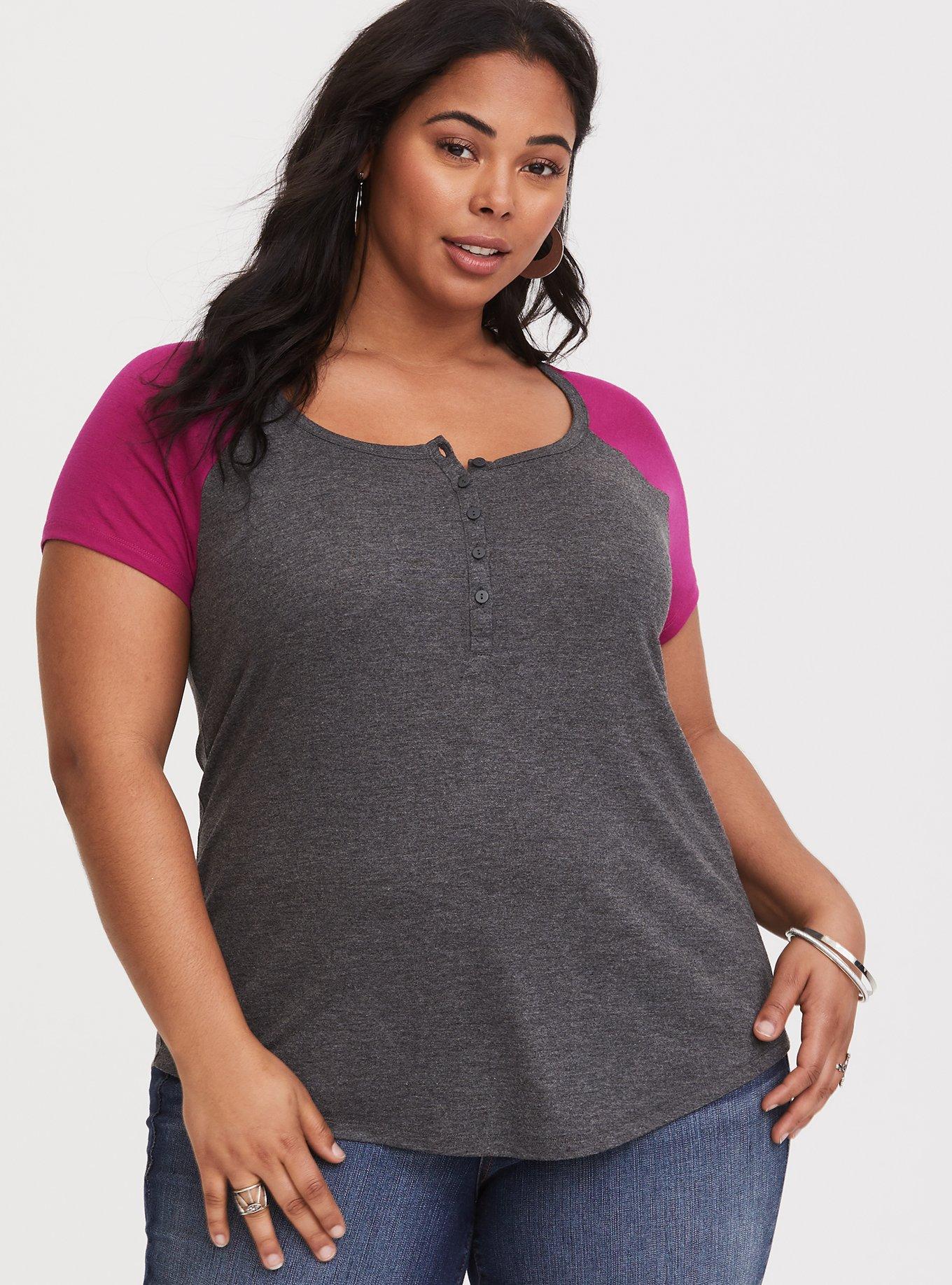 Plus Size - Grey & Pink Henley Raglan Tee - Torrid