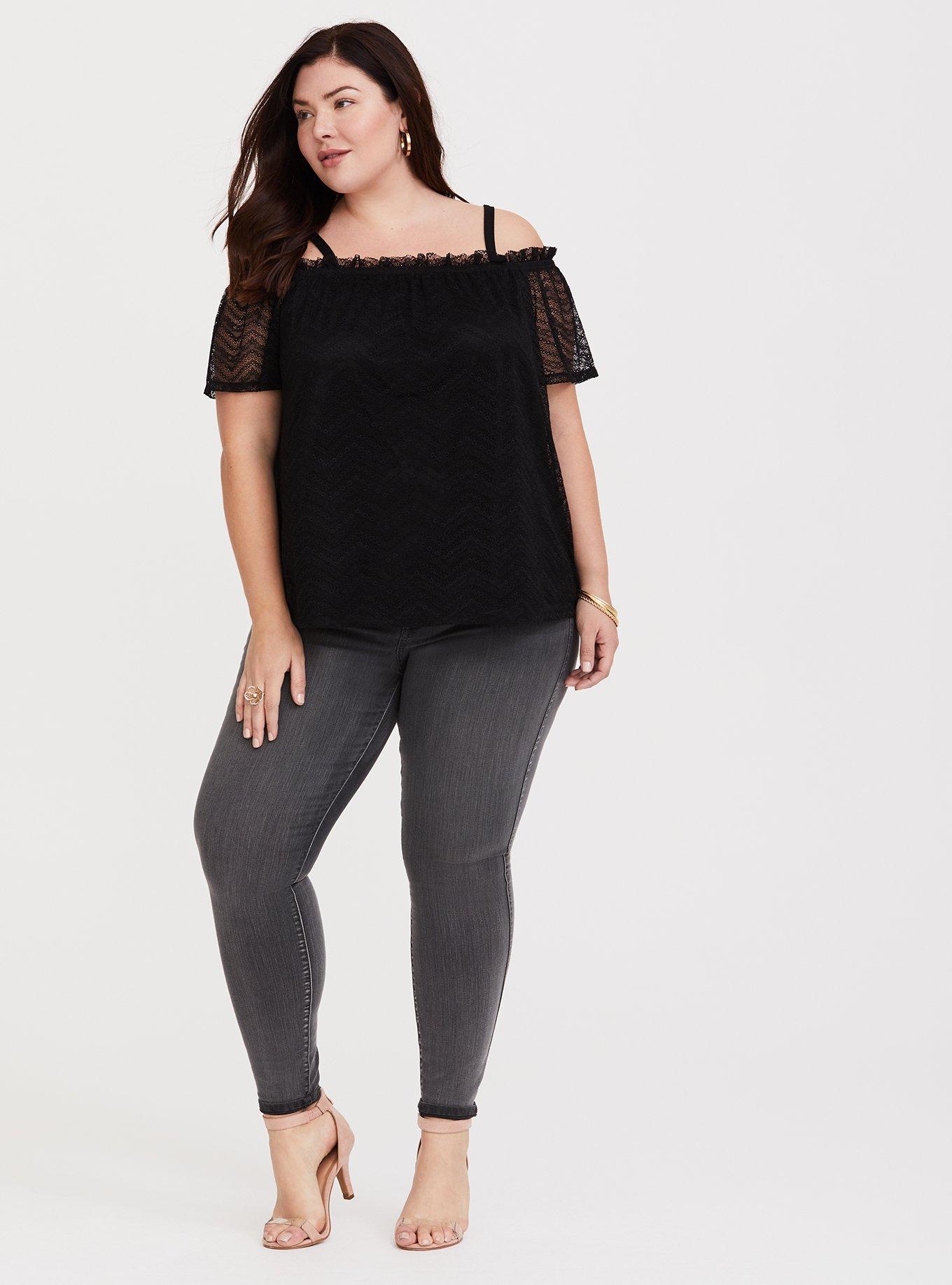 Black Lace Cold Shoulder Top, DEEP BLACK, alternate