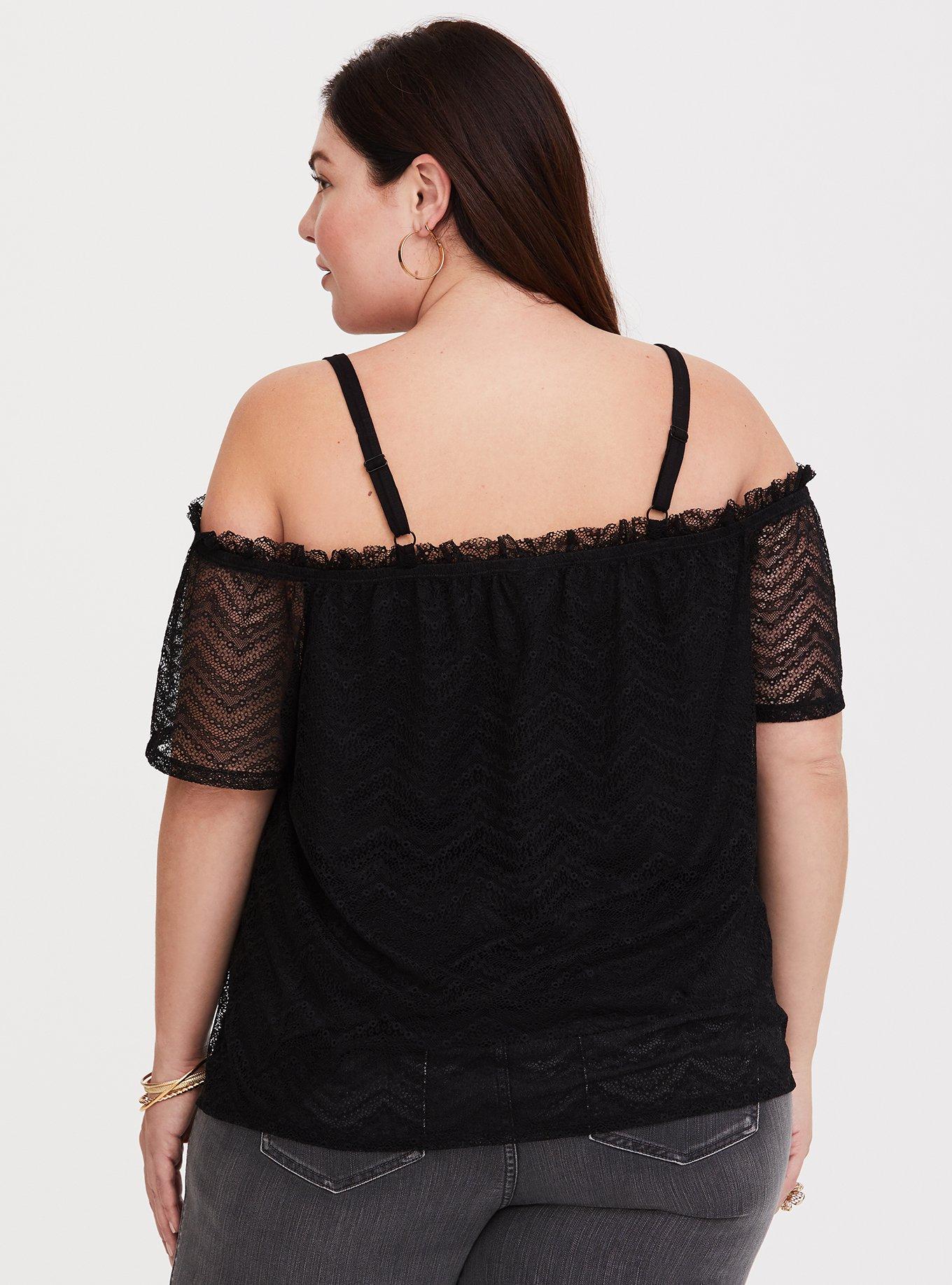 Black Lace Cold Shoulder Top, DEEP BLACK, alternate