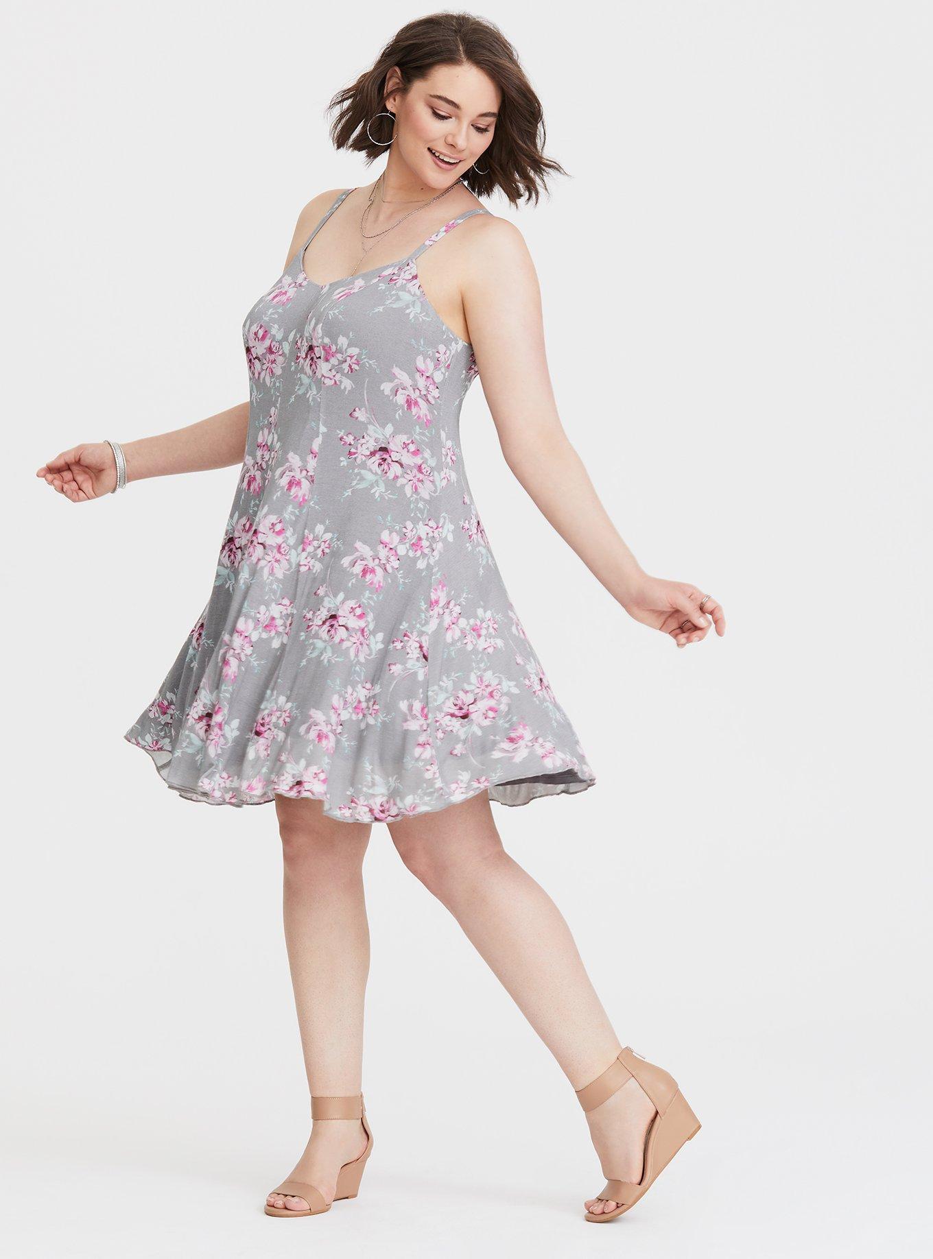 Plus Size Grey Floral Swing Mini Dress, FLORAL LAKE, alternate