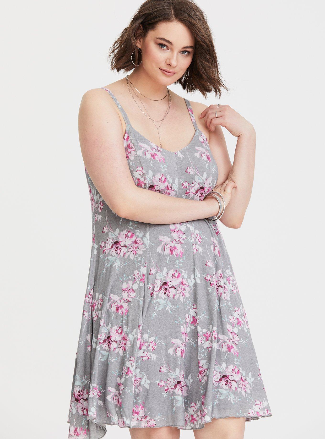 Plus Size Grey Floral Swing Mini Dress, FLORAL LAKE, hi-res