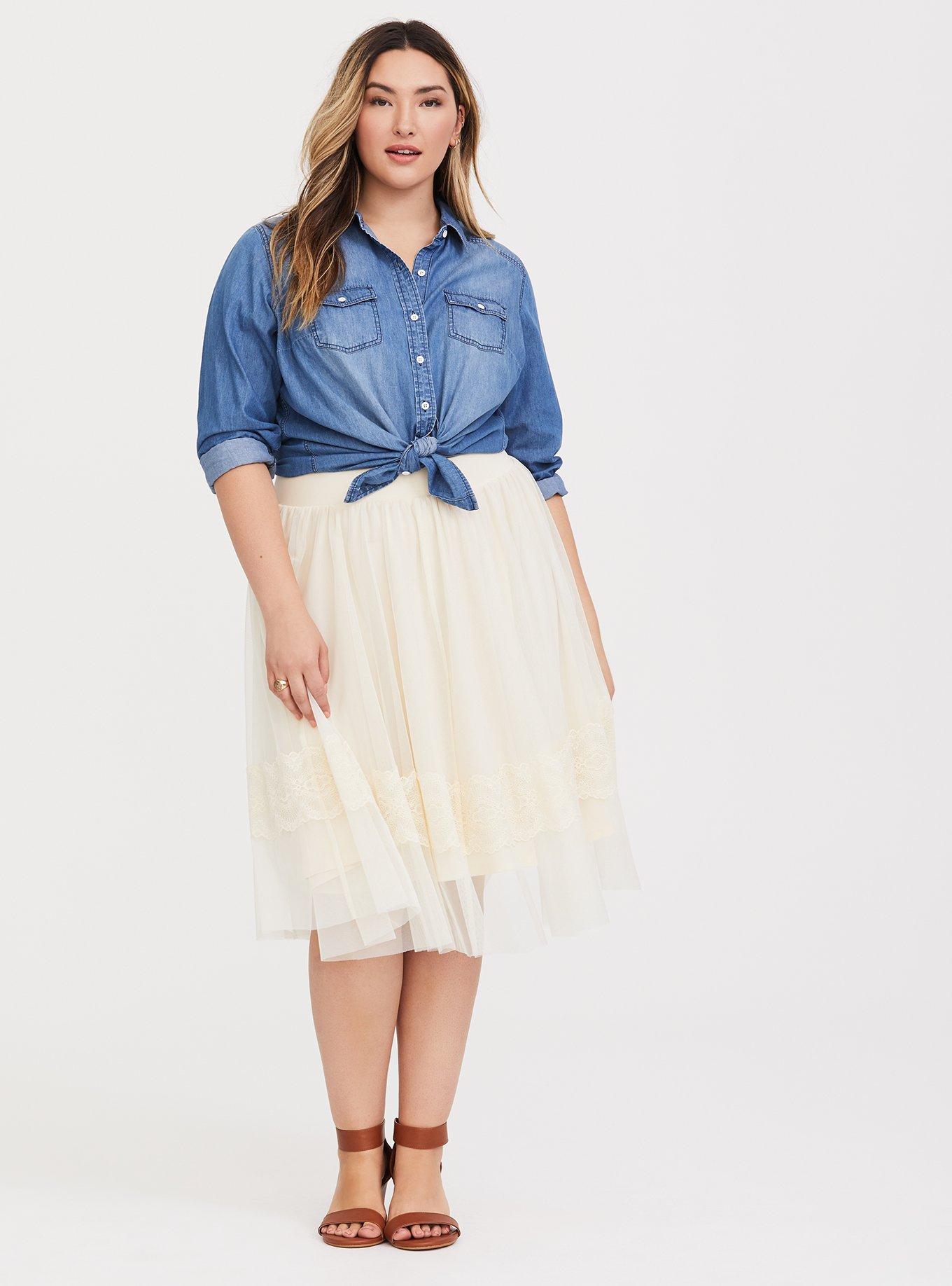 Ivory Mesh Lace Midi Skirt, BIRCH, hi-res