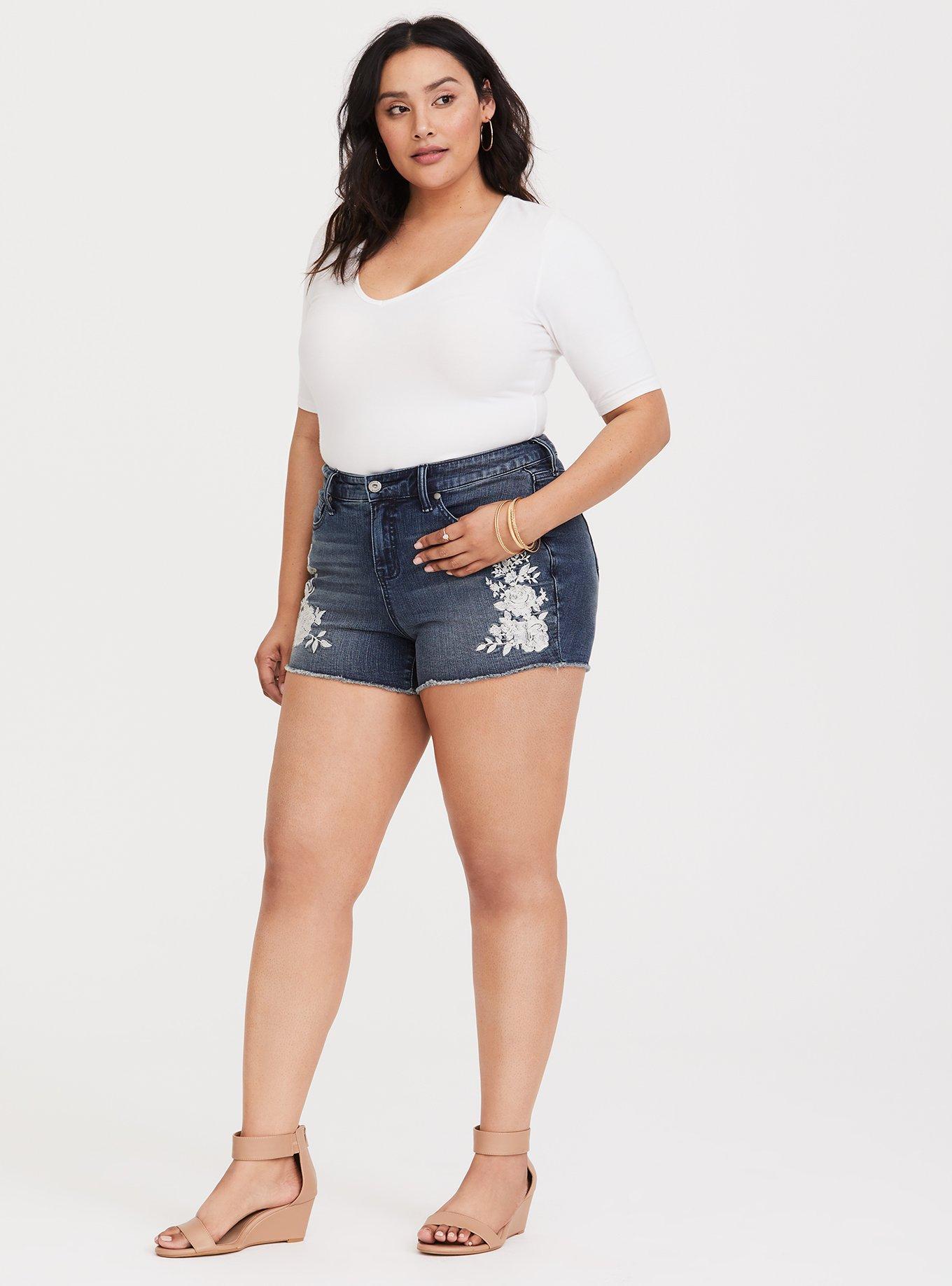Plus Size Embroidered High Rise Short Short - Dark Wash, EUREKA, alternate