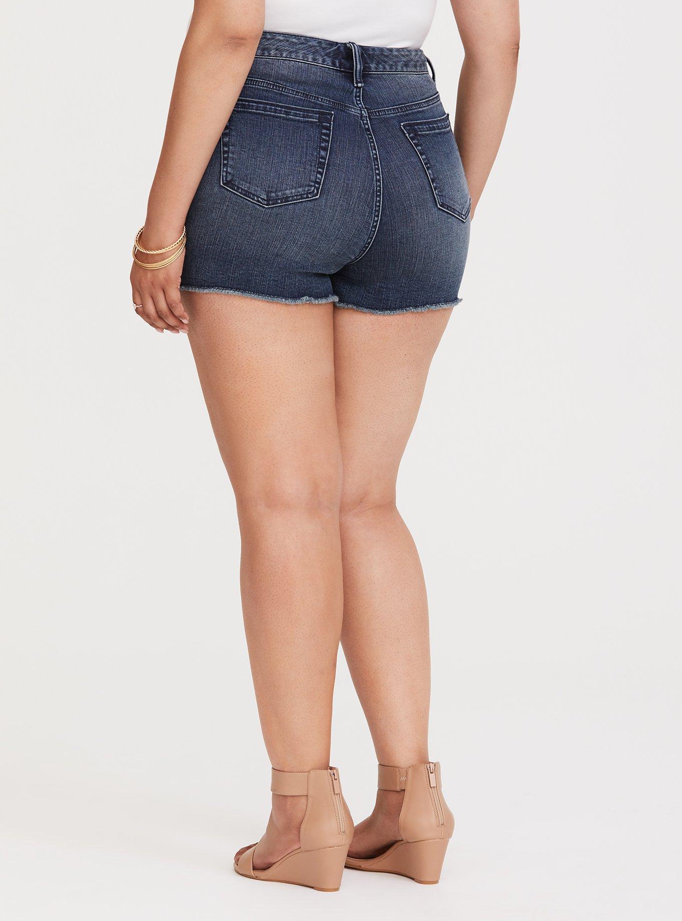 Plus Size Embroidered High Rise Short Short - Dark Wash, EUREKA, alternate