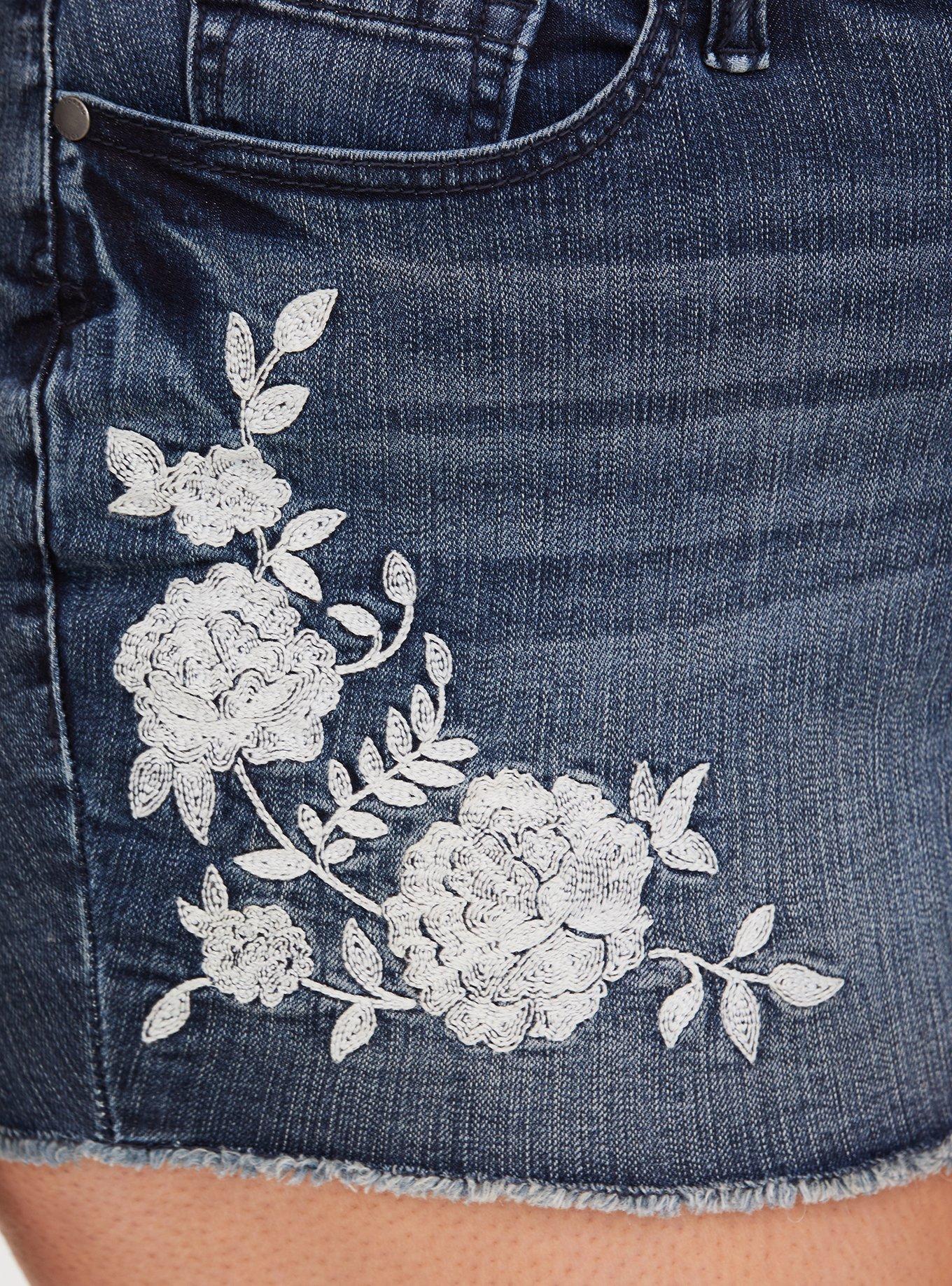 Plus Size Embroidered High Rise Short Short - Dark Wash, EUREKA, alternate
