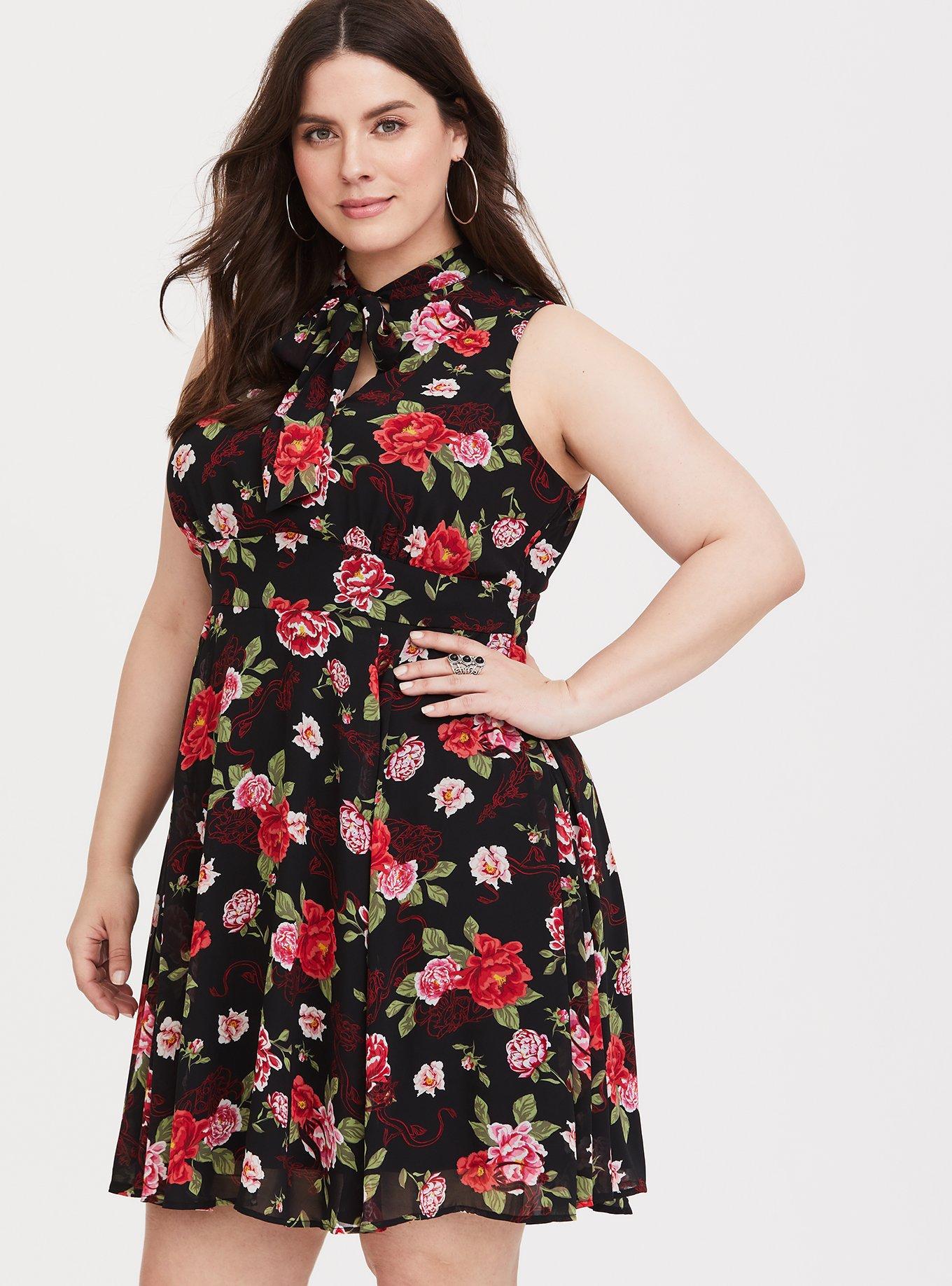 Disney Mulan Mushu Floral Chiffon Skater Dress, MULTI, hi-res