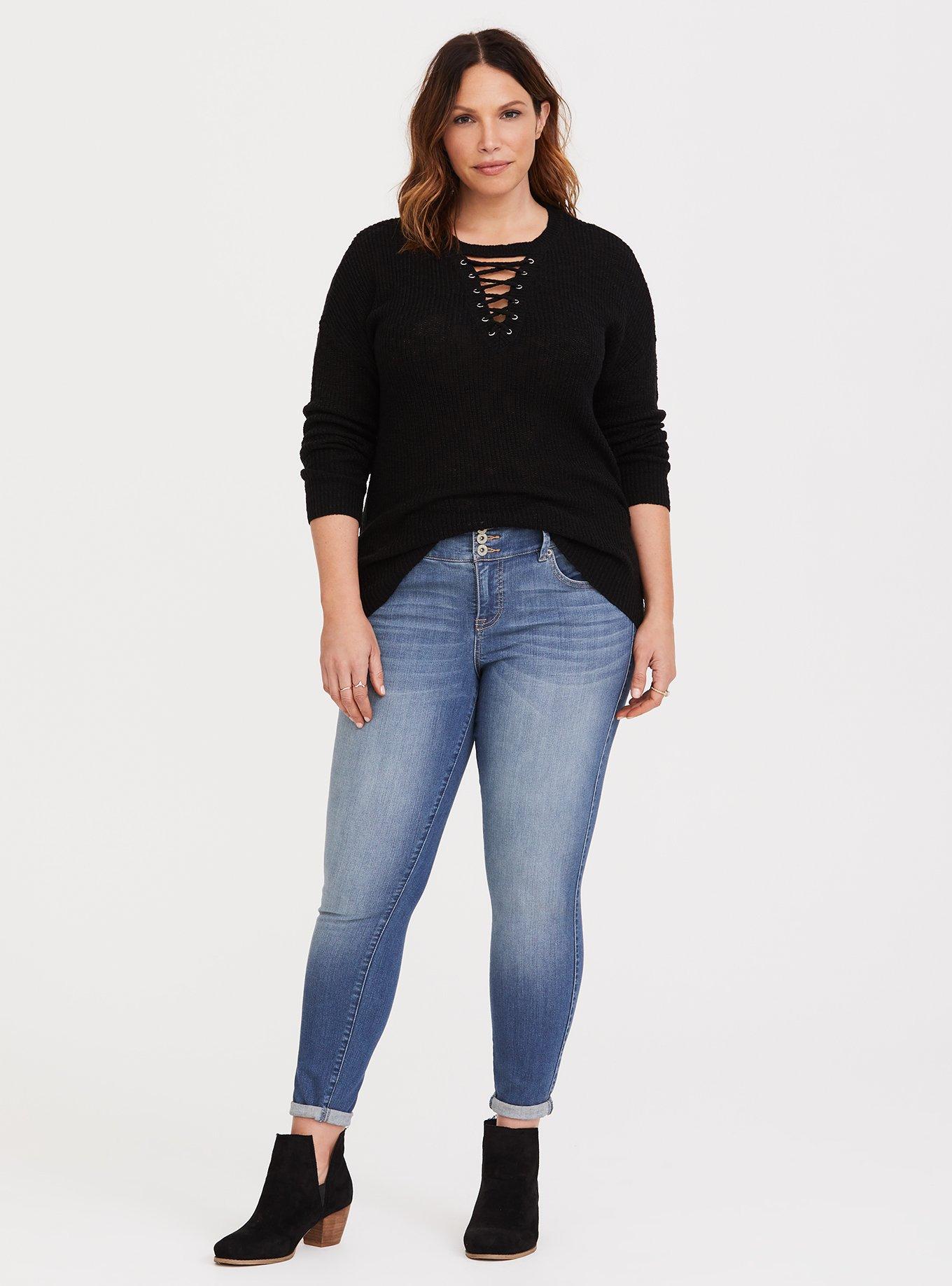 Plus Size - Black Lace-Up Dolman Knit Pullover - Torrid