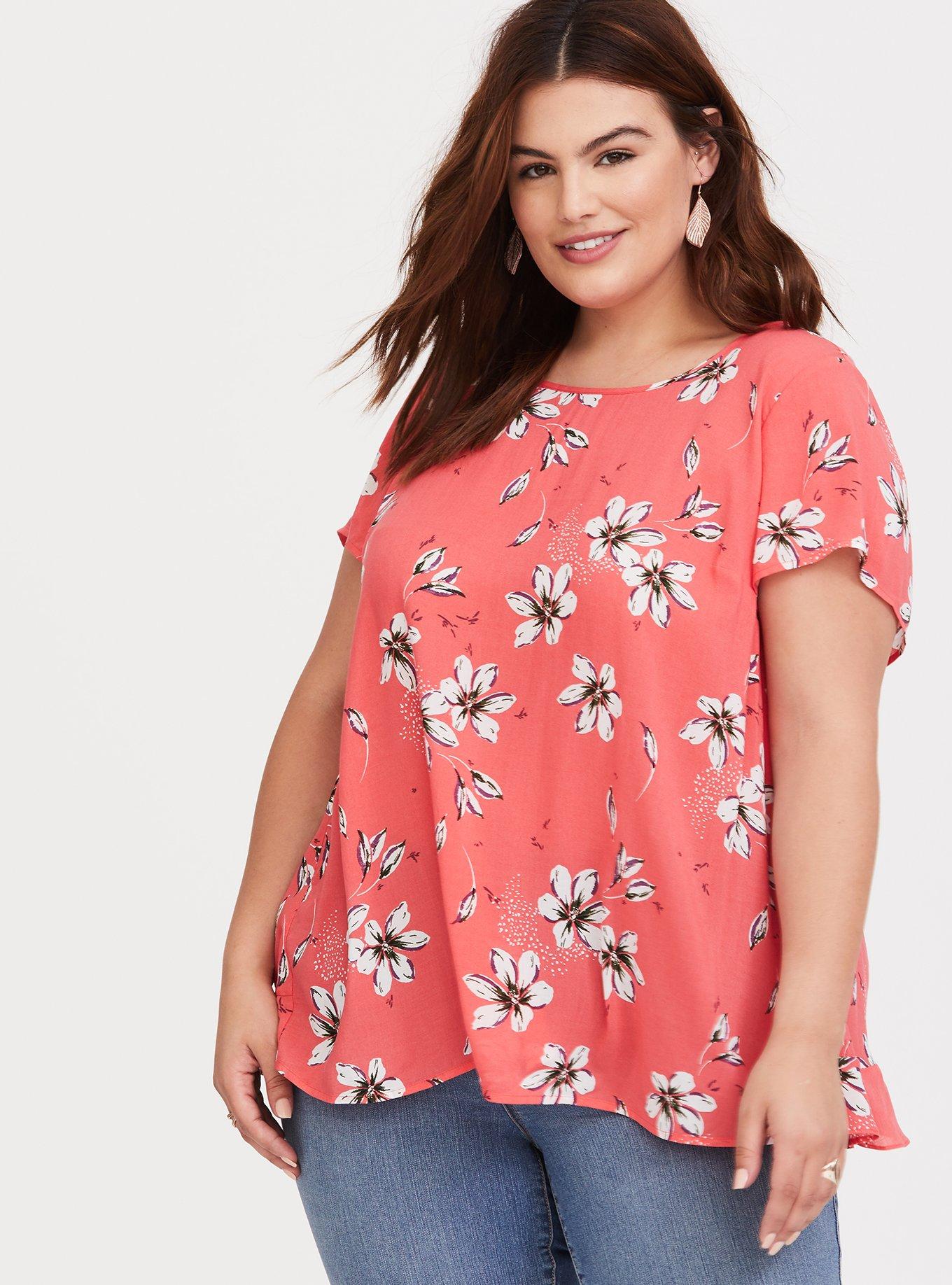 Plus Size - Coral Floral Ruffle Back Challis Blouse - Torrid