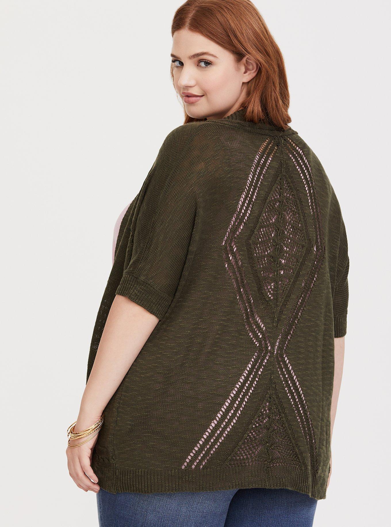 Pointelle Cardigan Short Sleeve Dolman Sweater, OLIVE, alternate