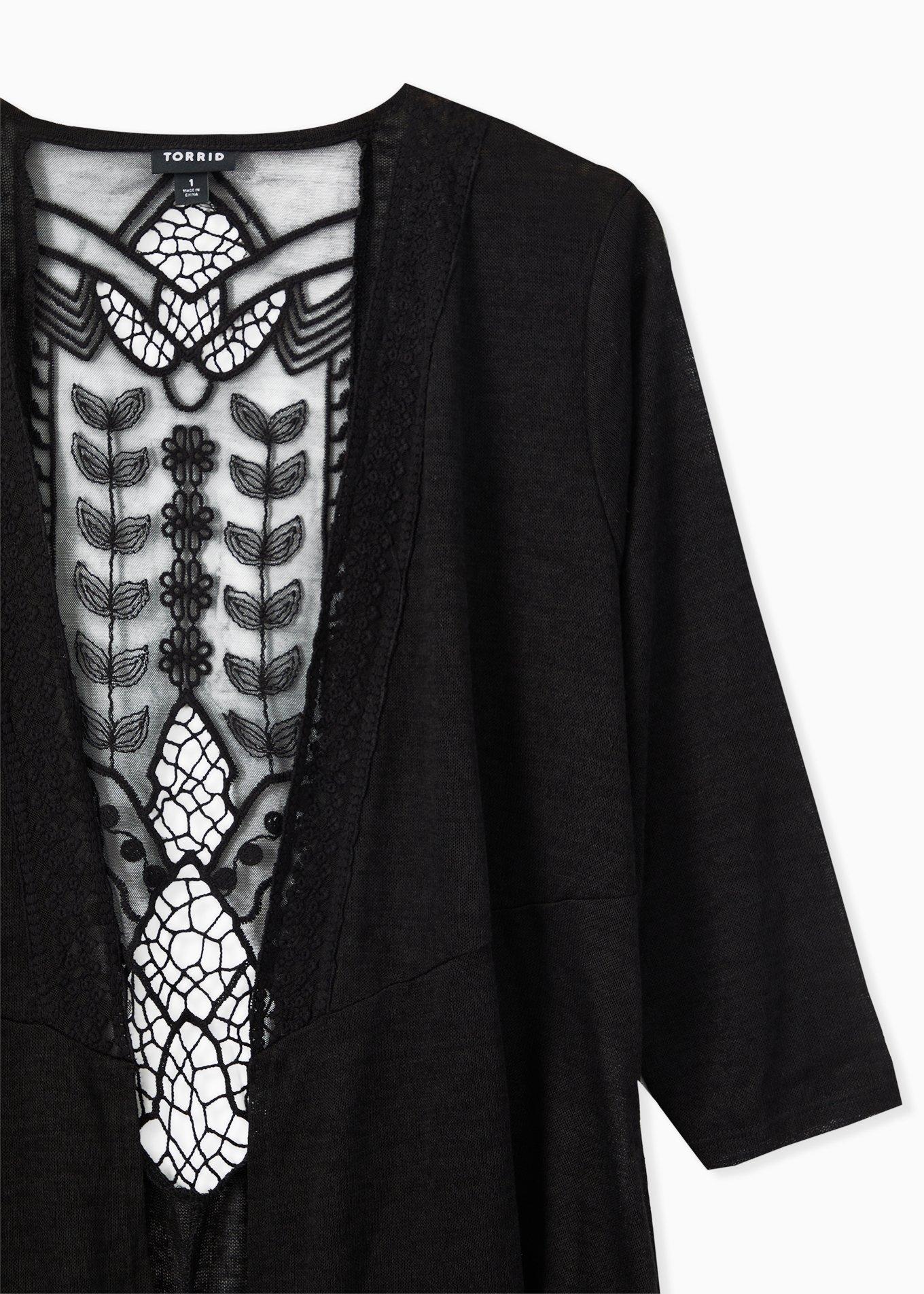 Slub 3/4 Sleeve Lace Back Sweater, BLACK, alternate