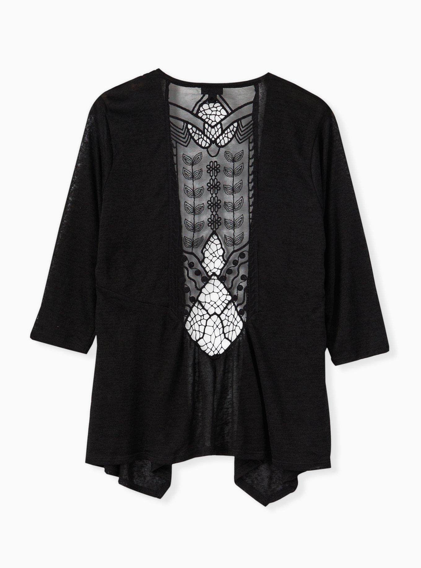 Slub 3/4 Sleeve Lace Back Sweater, BLACK, alternate