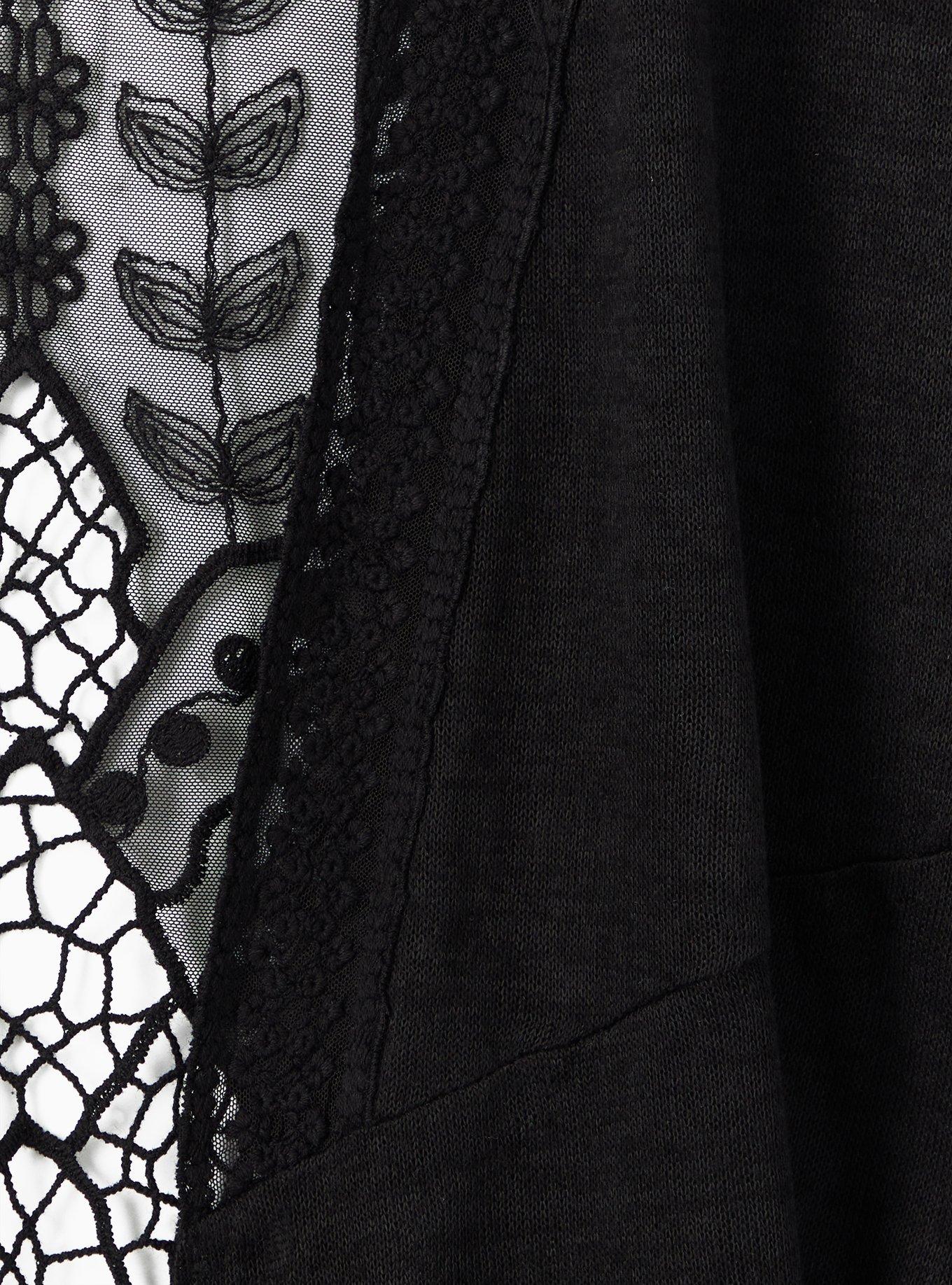 Slub 3/4 Sleeve Lace Back Sweater, BLACK, alternate