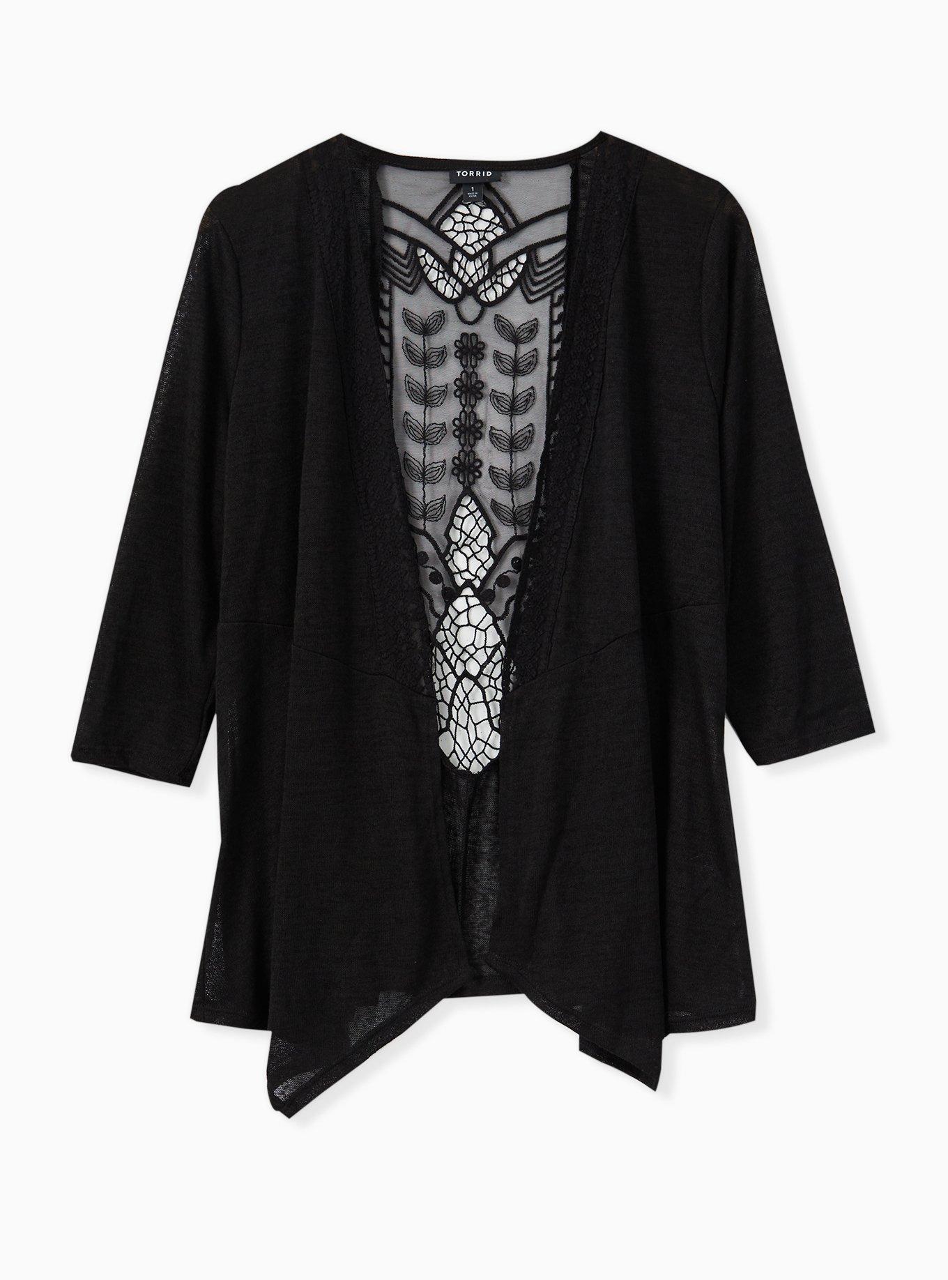 Slub 3/4 Sleeve Lace Back Sweater, BLACK, hi-res