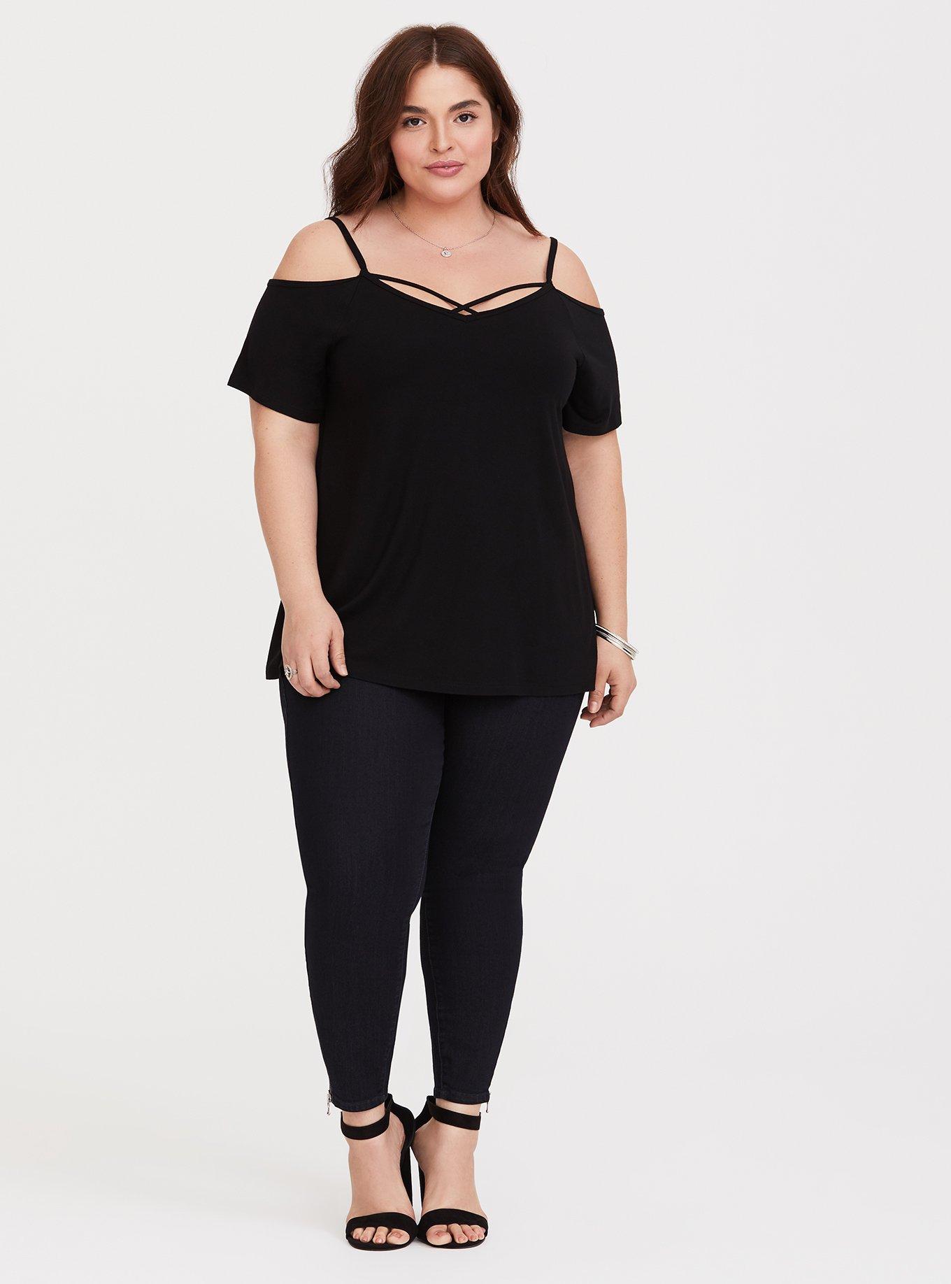 Super Soft Black Cold Shoulder Tee, DEEP BLACK, alternate