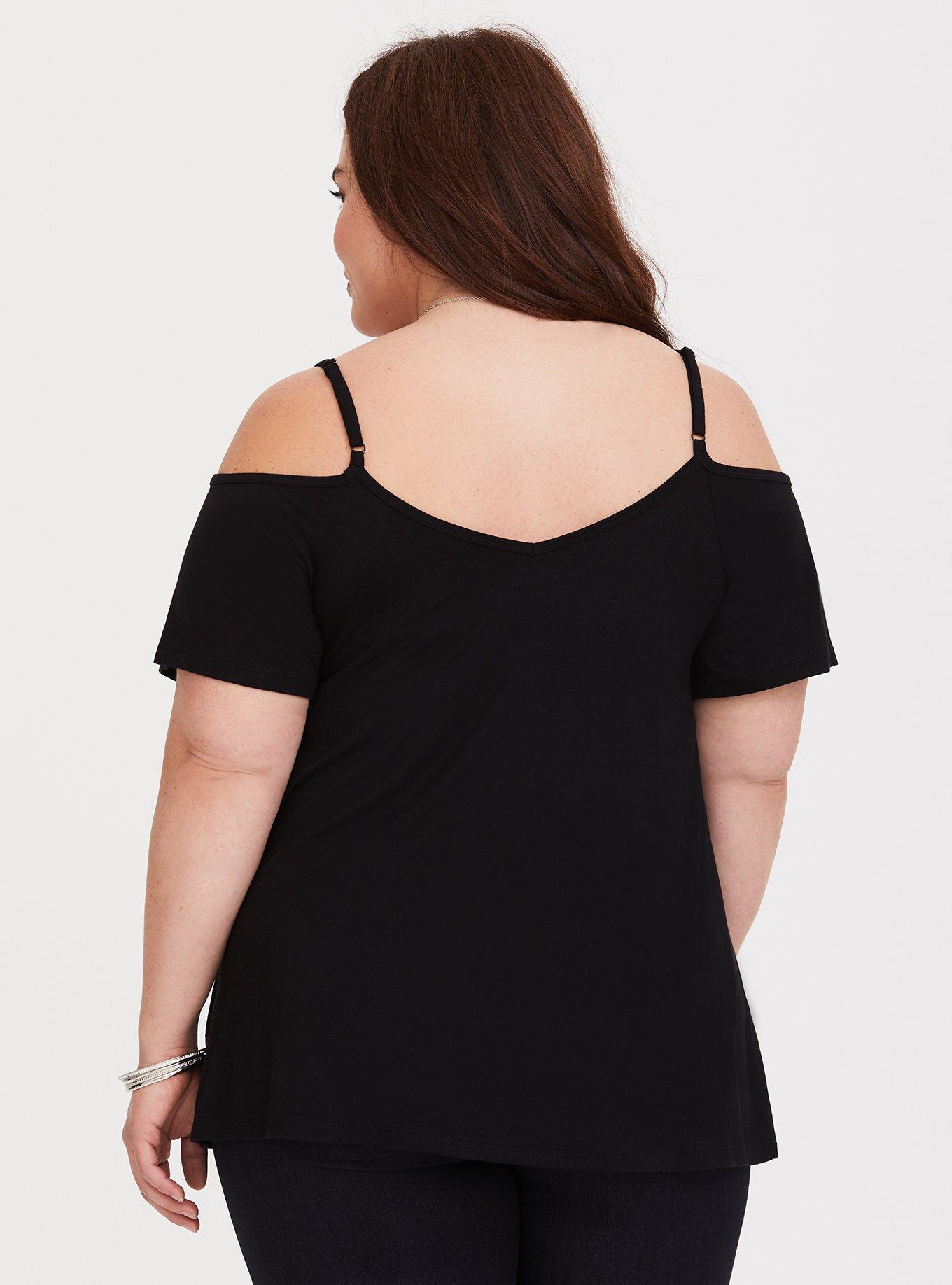 Super Soft Black Cold Shoulder Tee, DEEP BLACK, alternate