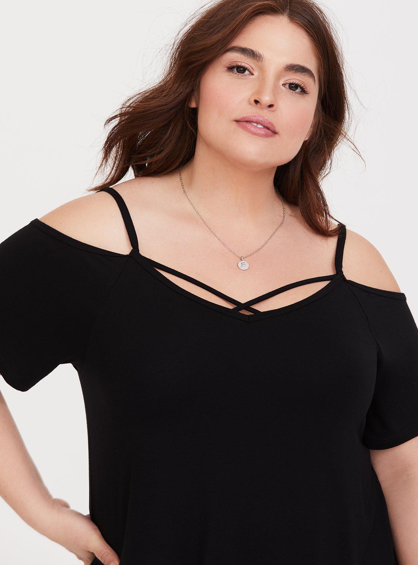 Super Soft Black Cold Shoulder Tee, DEEP BLACK, alternate